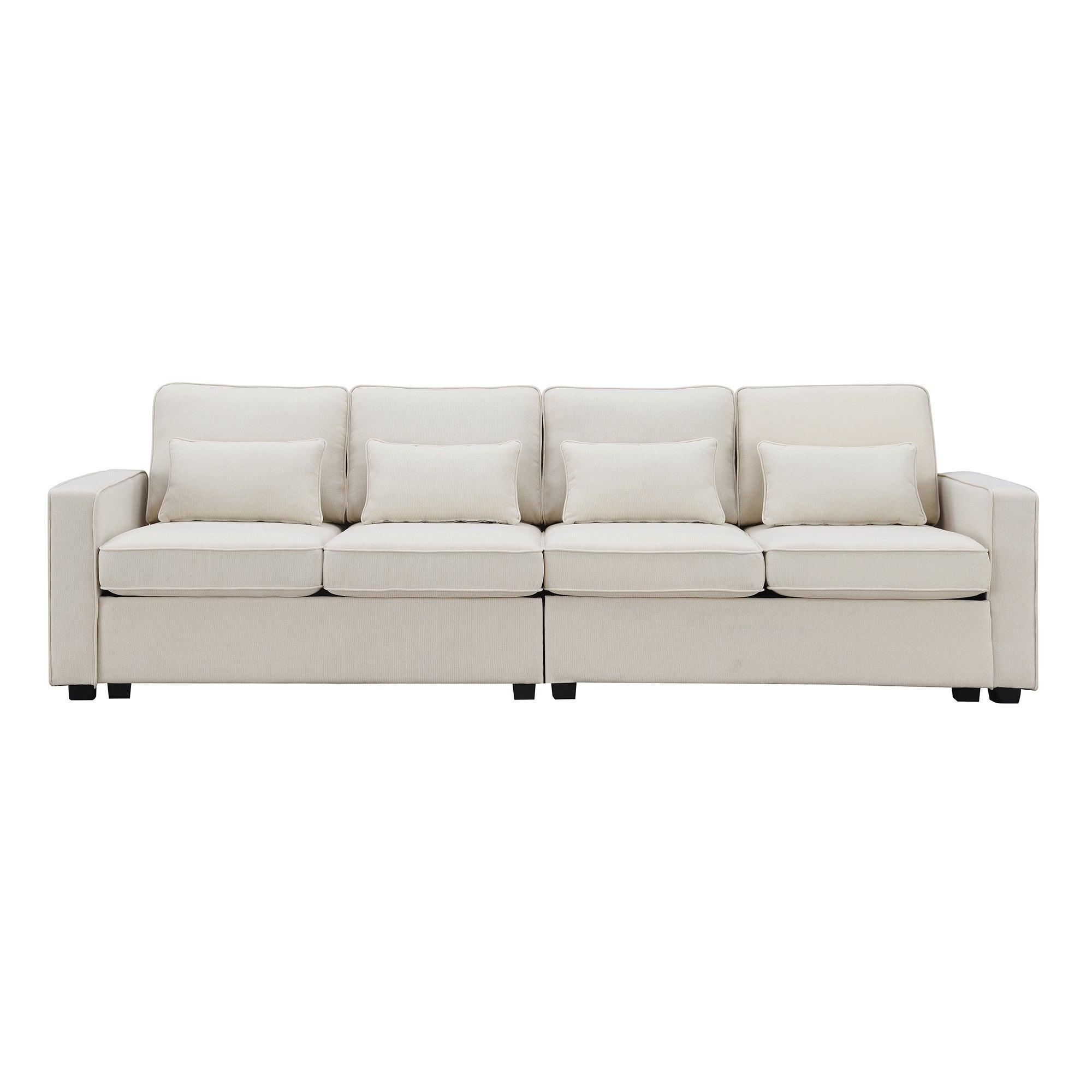 Modern 4-Seater Linen Fabric Sofa with Armrest Pockets & 4 Throw Pillows - Minimalist Living Room Couch for Small Spaces, Apartments and Cozy Home Decor