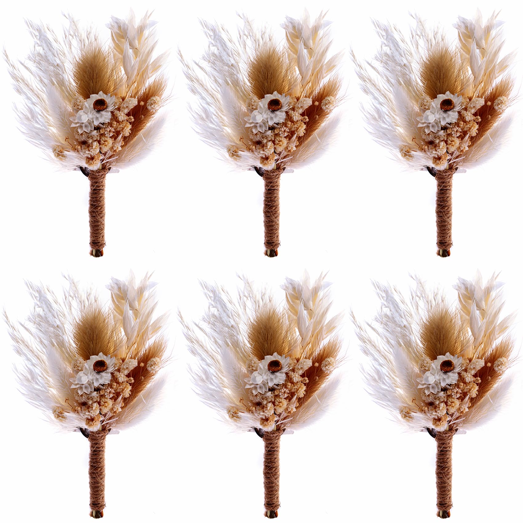 Natural Dried Flowers Boutonniere Set of 6 for Men - Boho Wedding Groom & Groomsmen Boutonnieres for Ceremony, Anniversary, Formal Dinner & Fall Vintage Wedding (White-01) | Perfect for Rustic, Vintage & Boho Wedding Themes