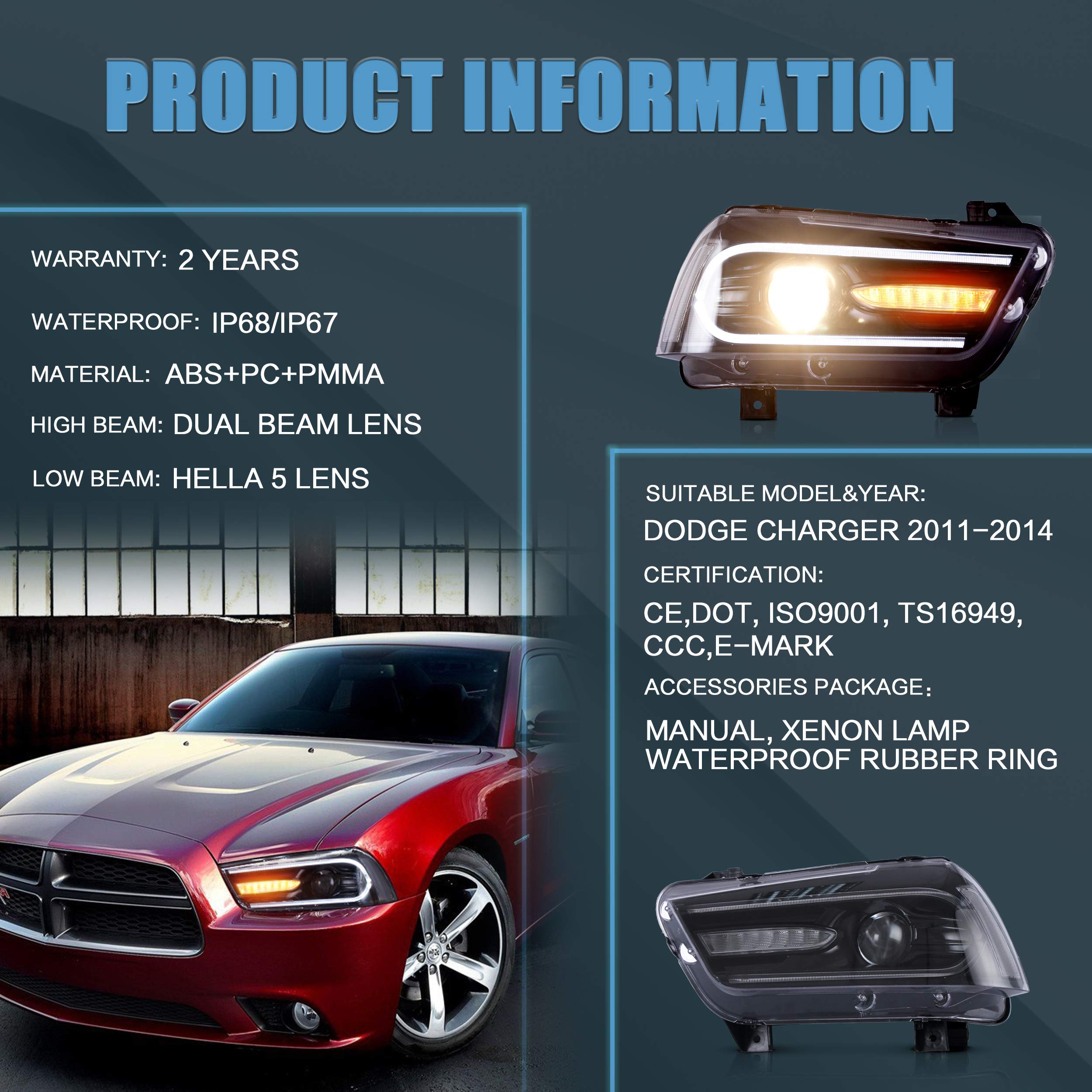 VLAND Headlight Assembly Compatible with 2011-2014 Dodge Charger (LD) Pre-Facelift Models - Excludes 2012 SE - Plug & Play Direct Replacement - Perfect for Night Driving & Car Upgrades