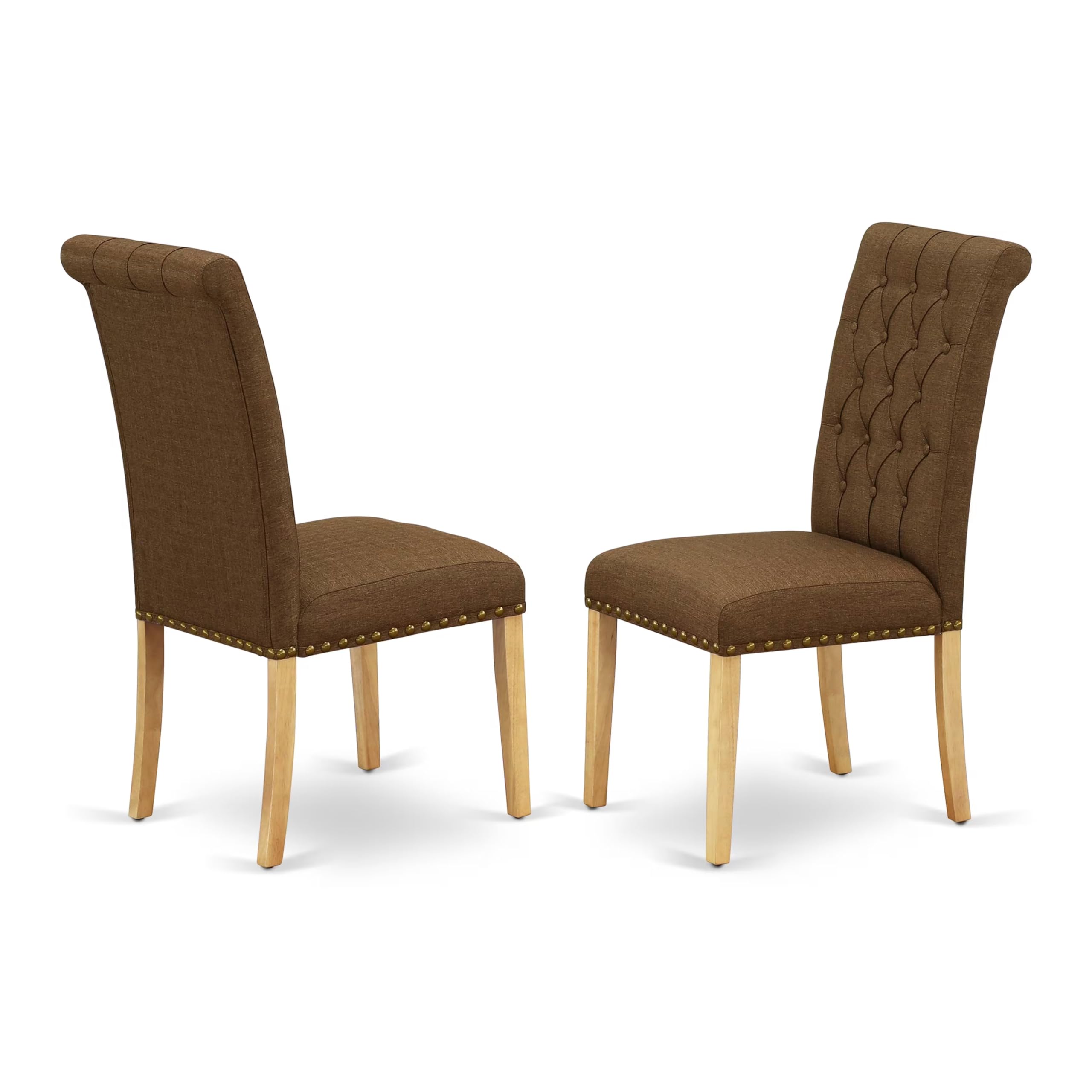 East West Furniture ANBR3-OAK-18 3-Piece Round Oak Dining Table Set with Pedestal Base & 2 Brown Linen Parsons Chairs, 36x36 Inch - Perfect for Small Kitchens, Breakfast Nooks & Cozy Dining Spaces