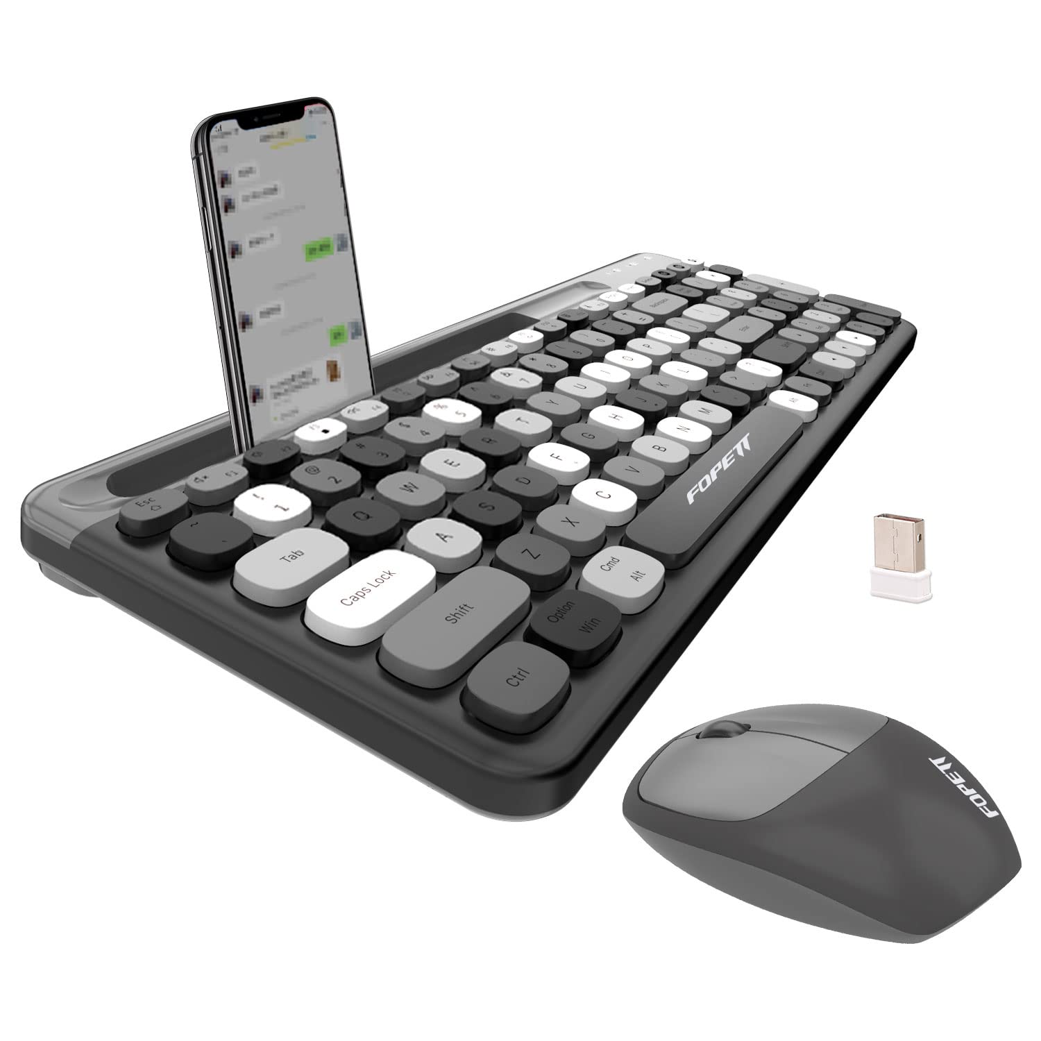FOPETT Wireless Keyboard & Mouse Combo - 2.4GHz Full-Sized with Phone Holder for PC/Laptop - Grey (Home/Office Use)