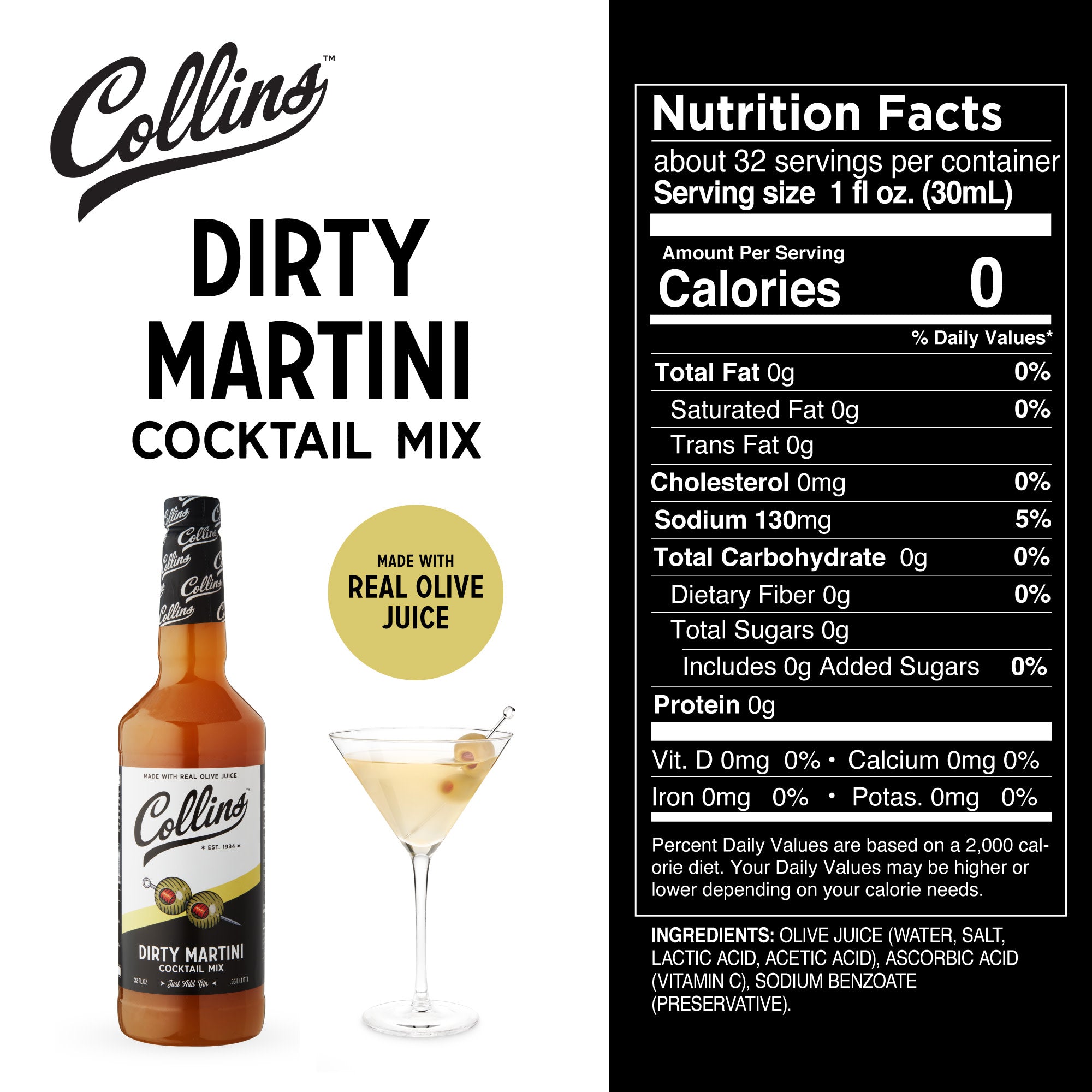 Premium Dirty Martini Cocktail Mix - 32 oz Bottle | Authentic Olive Brine Flavor | Perfect for Home Bars, Parties & Cocktail Enthusiasts
