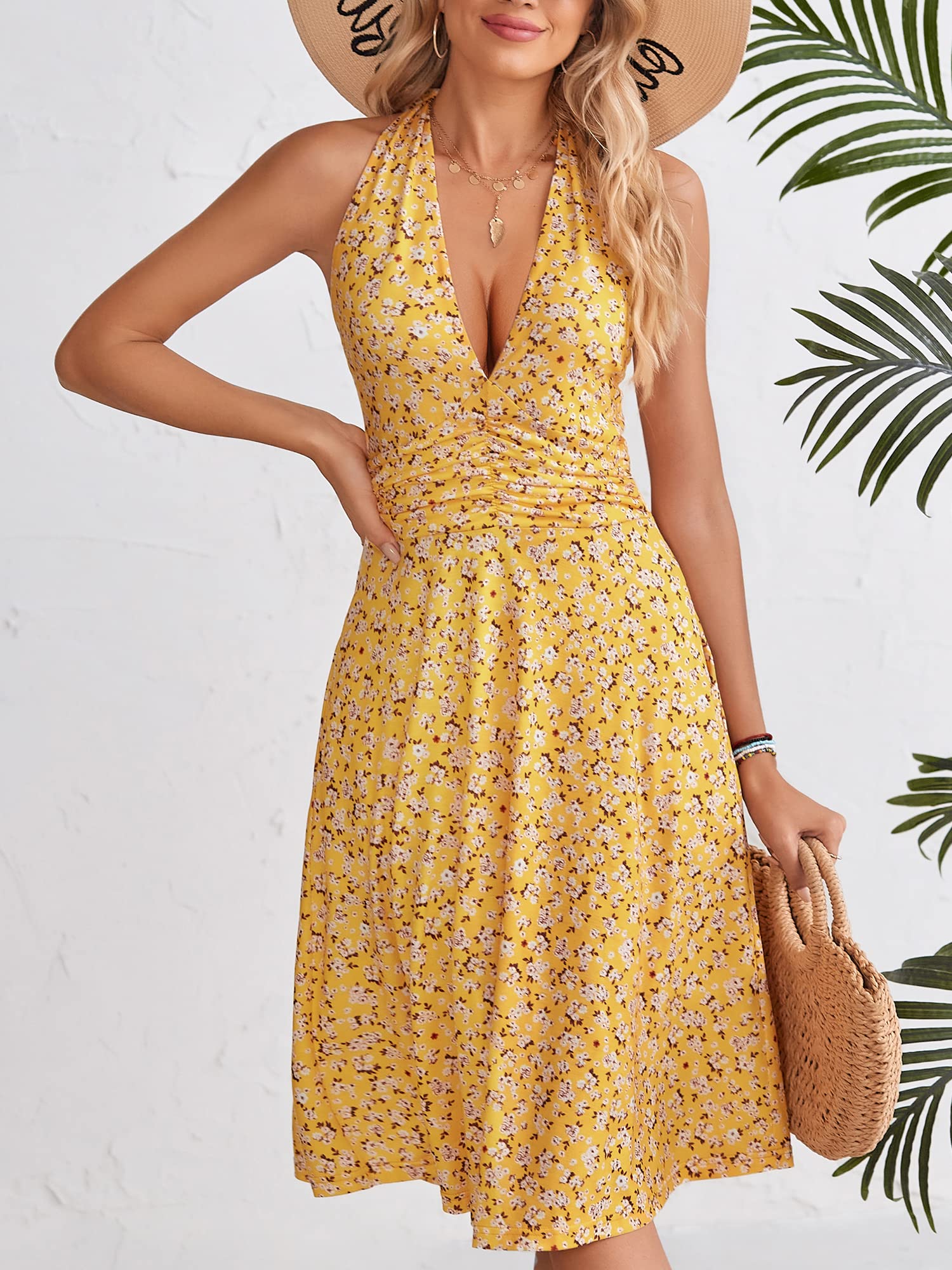 HUHOT Women's Floral Sundress - Sleeveless Halter Neck Summer Dress with Elastic Waist & Pockets, Ruffle Mini Dress for Beach Vacation, Garden Party, and Casual Outings