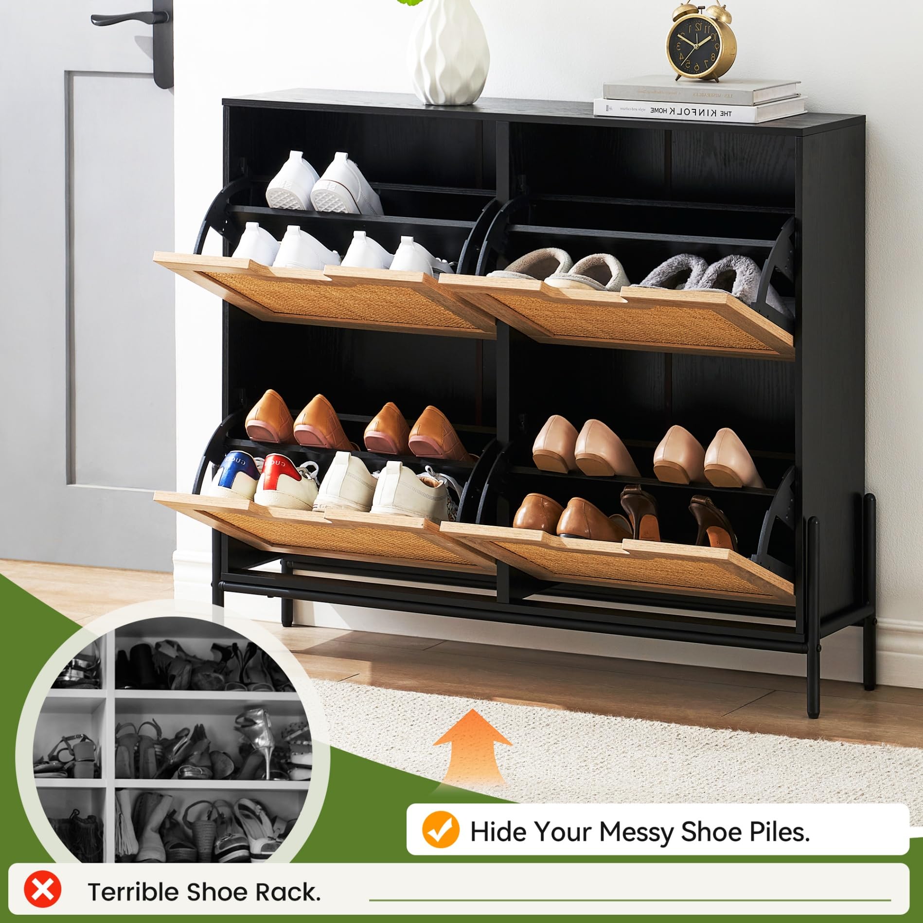 IDEALHOUSE Natural Rattan 4-Door Flip Shoe Cabinet Organizer - Freestanding Modern Shoe Rack with 3-Tier Adjustable Shelves for Entryway, Closet, Hallway - Perfect for Small Spaces, Apartment Living & Home Organization