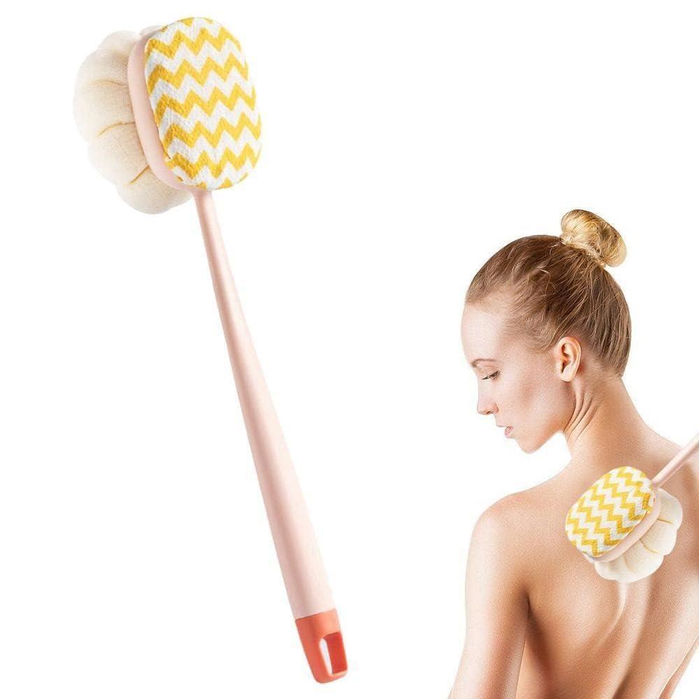ATETO Round Handle Shower Brush with Bristles & Loofah - Exfoliating Back Scrubber with Long Curved Handle for Men & Women - Includes Blackhead Removal Stick - Ideal for Deep Cleansing, Dead Skin Removal & Spa Relaxation (1-Pack)