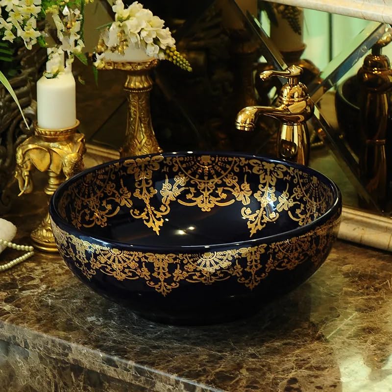 Modern Black Glossy Ceramic Moroccan Wash Basin | 41x41x14cm Countertop Bathroom Sink | Over Counter Tabletop Basin for Bathroom & Powder Room | Perfect for Small Spaces, Vanities & Luxury Home Decor