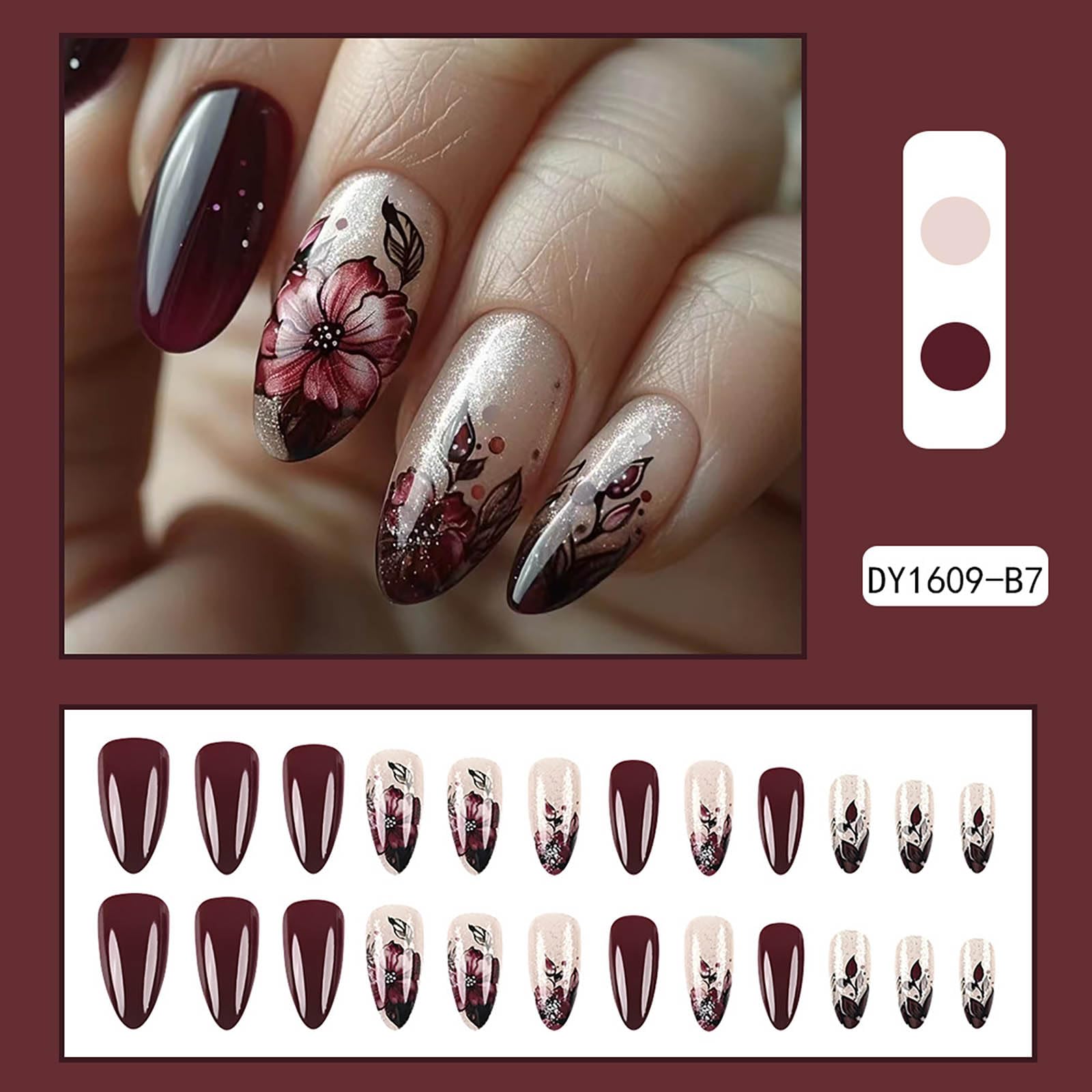 24pcs Almond Shape Press On Nails - Floral Design Acrylic Fake Nails for Women | Medium Length Stick On Nails for Manicure | Perfect for Parties, Weddings & Everyday Wear