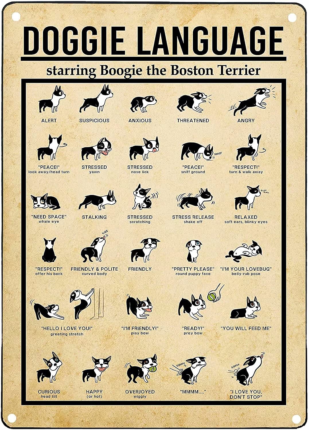 Vintage Dog Language Poster - 12x16 Inch Metal Sign for Home, Club & Wall Decor | Perfect for Dog Lovers, Pet Shops & Animal-Themed Rooms