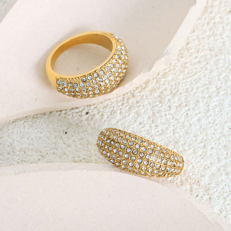 18K Gold Sparkly Pave Dome Ring for Women - Elegant Cubic Zirconia Wedding Engagement Promise Ring - Perfect for Anniversary, Valentine's Day Gift & Special Occasions