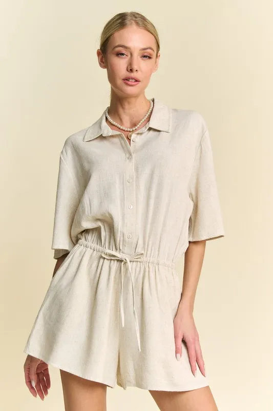 Stylish Women's Drawstring Waist Button Down Shirt Romper Jumpsuit - Casual Summer Outfit for Beach, Travel & Date Night