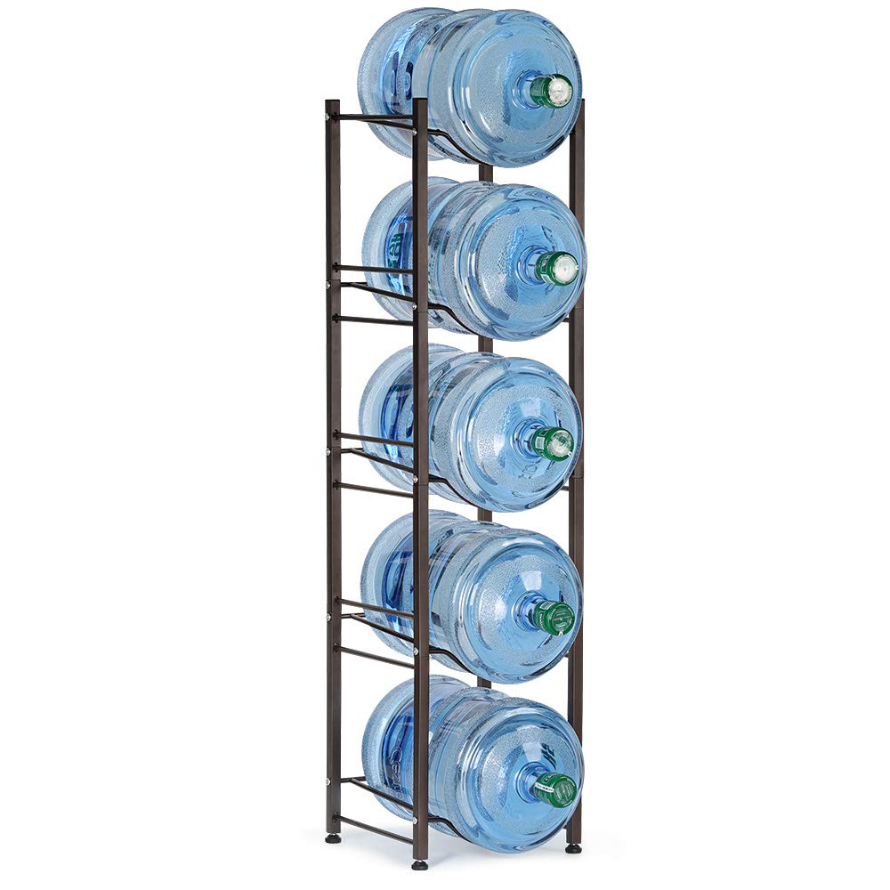 5-Tier Dark Brown Water Cooler Jug Holder & Storage Rack for 5 Gallon Bottles - Space Saving Solution for Office, Home, or Pantry Organization