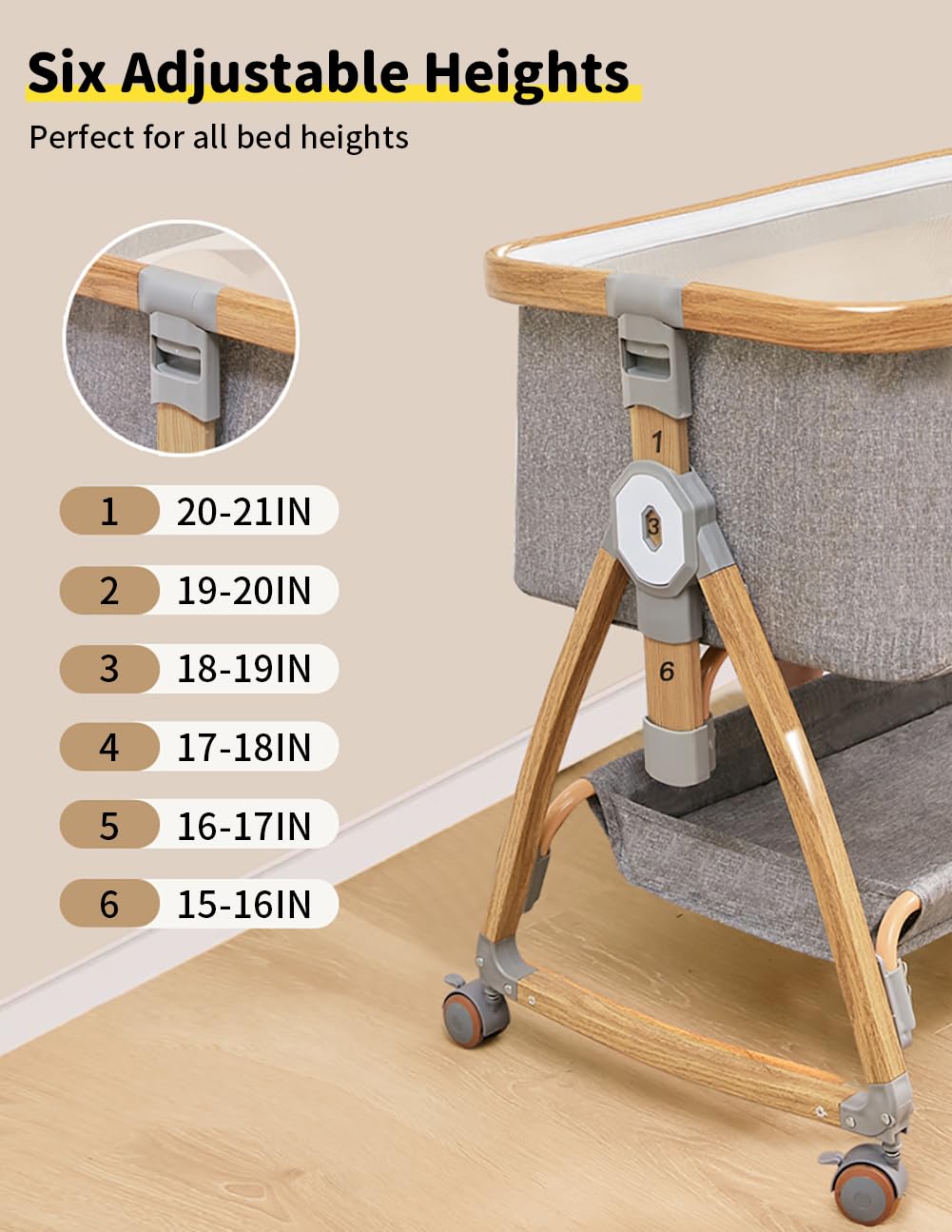 Bonbay 4-in-1 Portable Baby Bassinet with Wheels, Mosquito Net & Storage Basket - Adjustable Height Bedside Sleeper for Newborns | Nursery, Bedroom & Travel Use