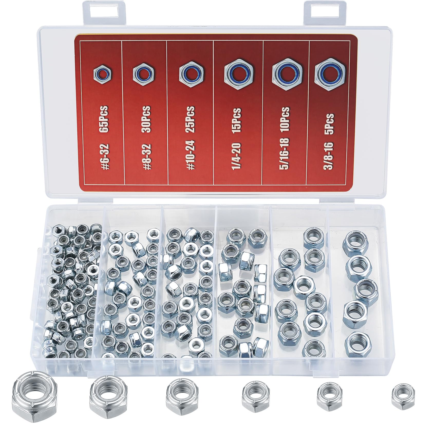 150-Piece Hex Nut Assortment Kit - Carbon Steel Locking Nuts (SAE #6 #8 #10 1/4