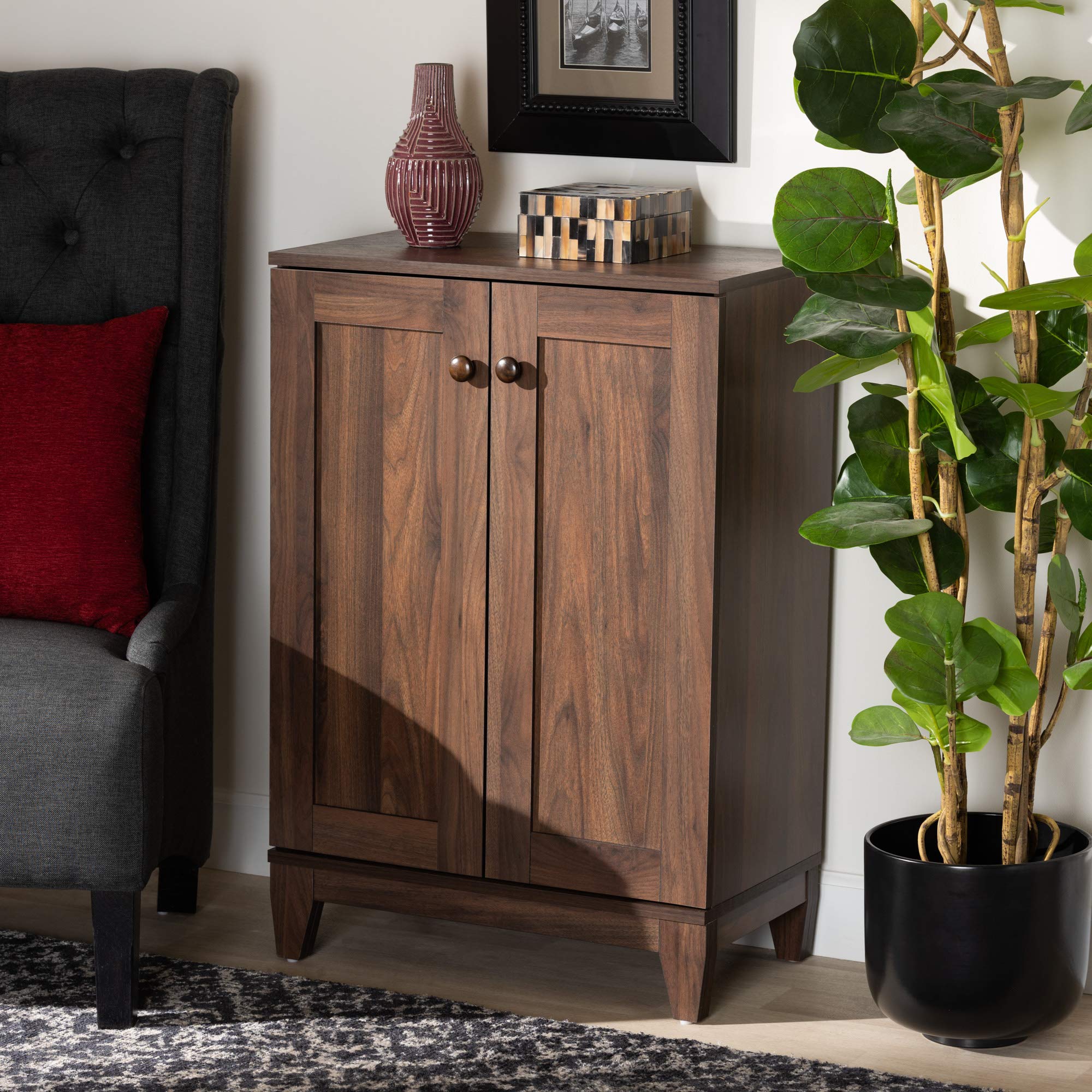 Baxton Studio Nissa Modern Walnut Brown 2-Door Shoe Storage Cabinet - Contemporary Wooden Shoe Organizer for Entryway, Bedroom & Closet Organization