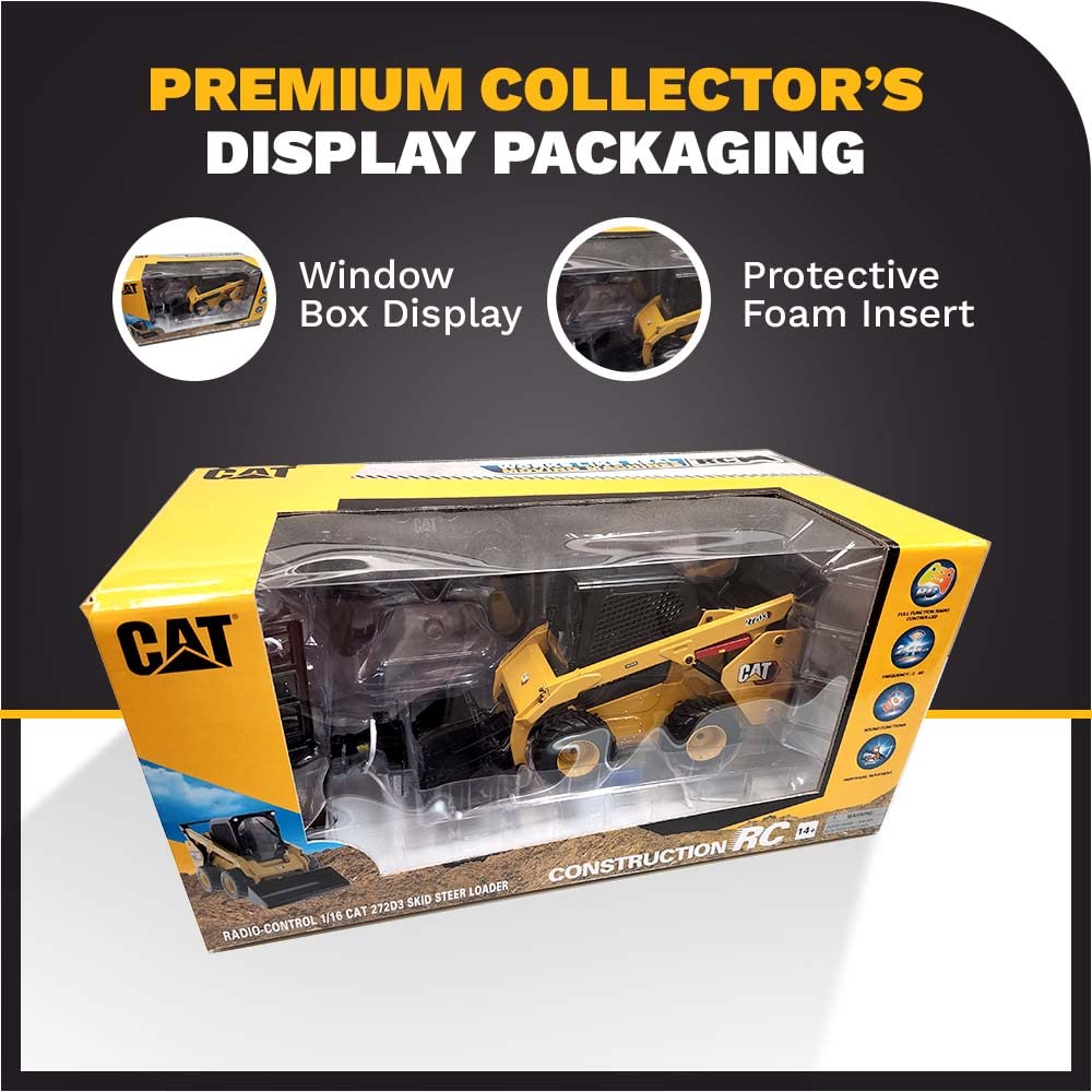 Diecast Masters 1:16 Scale Radio Control Cat 272D3 Skid Steer Loader with 4 Interchangeable Attachments (Bucket, Auger, Forks, Broom) - Premium RC Construction Toy for Collectors & Kids | Ideal for Construction Play, Display, and Remote Control Fun