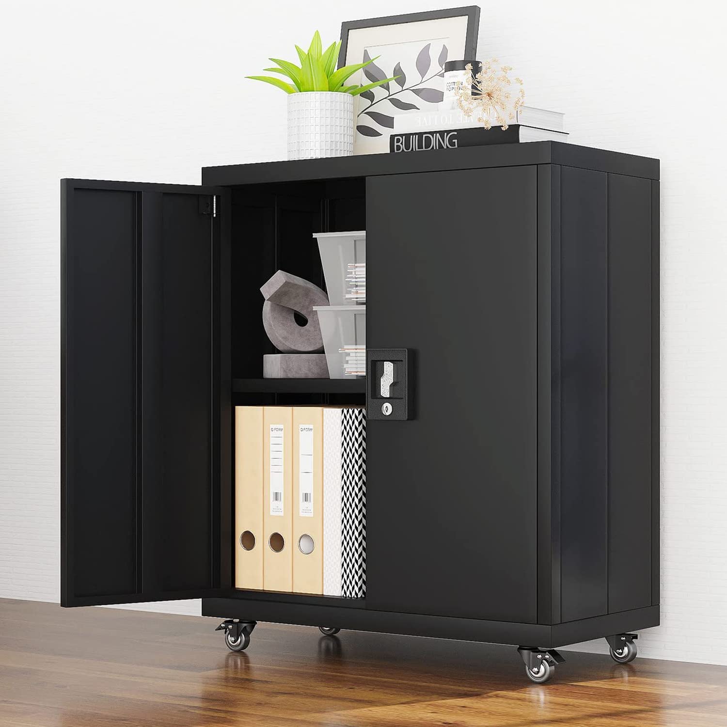 Lockable Metal Storage Cabinet with Wheels & Adjustable Shelves - Mobile Steel Cabinet for Home Office, Garage & Warehouse Organization (Black) - Perfect for File Storage, Tool Organization & Office Supplies
