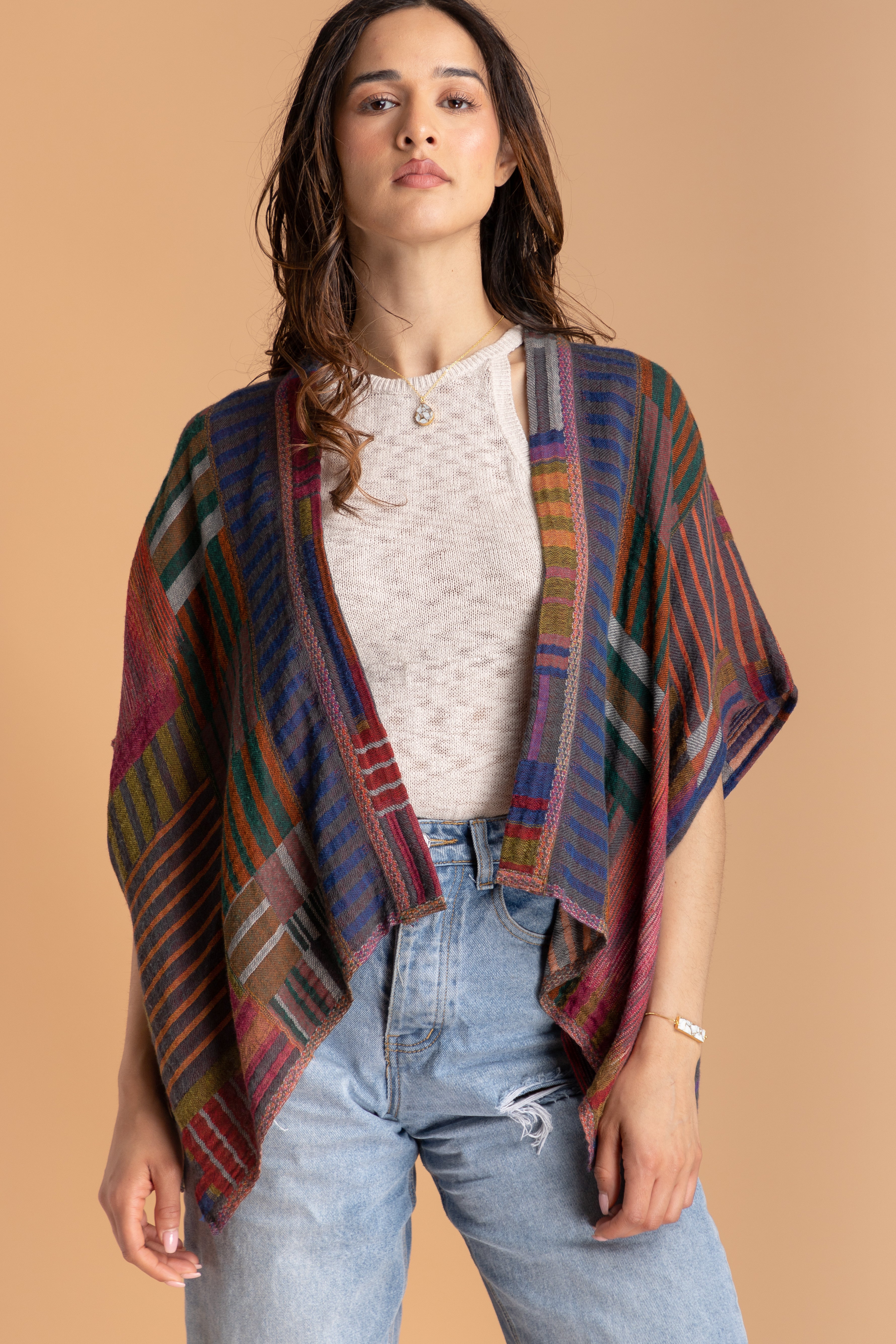 Stylish Multi-Color Square Stripe Short Poncho for Women - Lightweight Summer Cover-Up for Beach, Travel, and Outdoor Activities