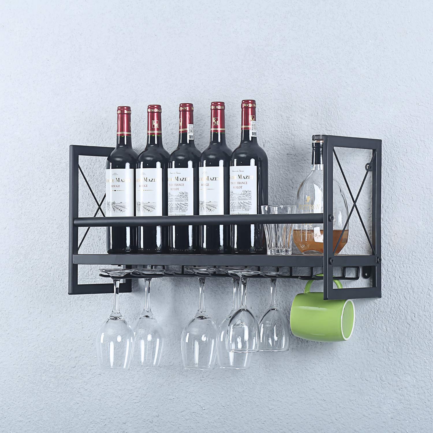MBQQ Industrial Wall Mounted Wine Rack with Stemware Holders - 23.6 Inch Rustic Metal Hanging Wine Bottle Organizer with 7 Glass Holders & Wood Shelves - Perfect for Kitchen, Dining Room, Bar, and Home Decor