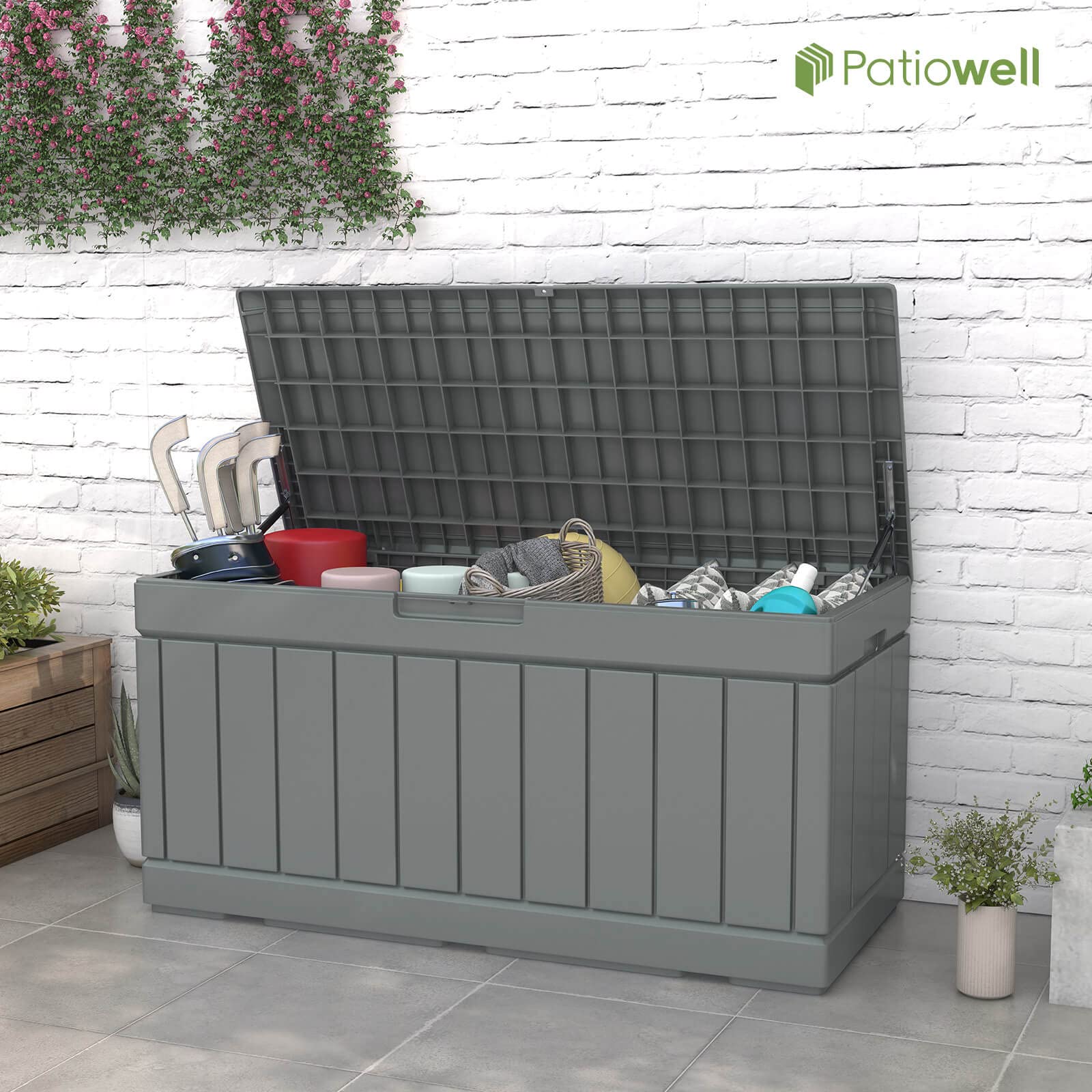Patiowell 82 Gallon Resin Deck Box - Waterproof Large Outdoor Storage Container with Wood Look Finish for Patio Furniture, Pool Toys, Garden Tools & Sports Equipment | Lockable Grey Deck Box for Backyard, Poolside & Garage Organization
