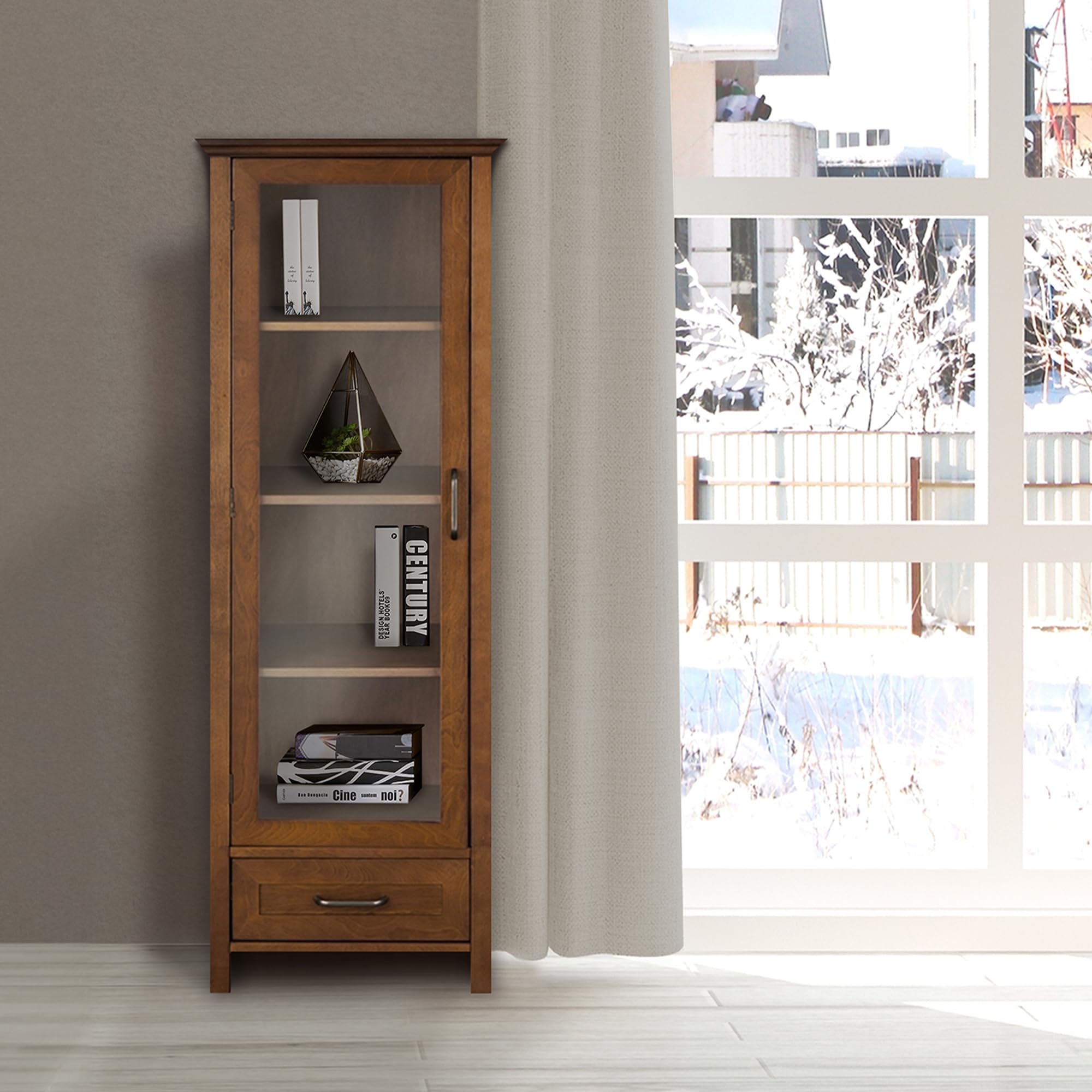 Teamson Home Avery Linen Tower - Tall Slim Narrow Wooden Bathroom Storage Cabinet with Glass Panel Door, 4 Tiered Shelves & 1 Drawer in Oil Oak Finish | Space-Saving Organizer for Bathroom Essentials, Towels & Toiletries