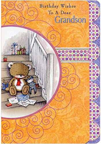 Designer Greetings Bear with Red Tie Sitting on Stairs Die Cut Birthday Card - Cute Juvenile Greeting Card for Grandson, Kids & Children | Perfect for Birthdays, Grandparents Day & Special Occasions