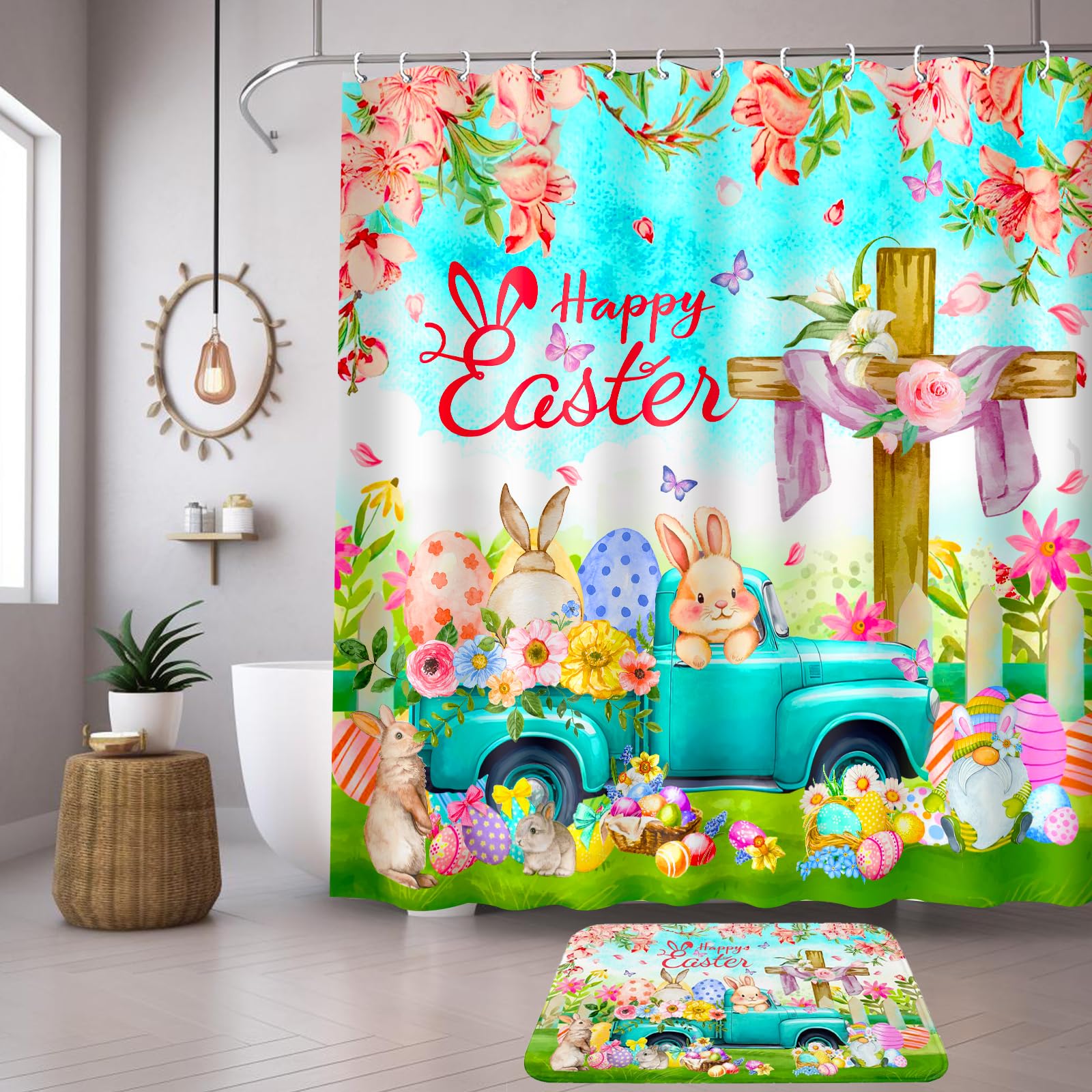 Lutto Easter Shower Curtain - Spring Bunny Flower Bathroom Decor Set, 72x72 Inch Waterproof Polyester Fabric - Perfect for Easter Home Decor, Holiday Bathroom Refresh & Seasonal Gift Giving