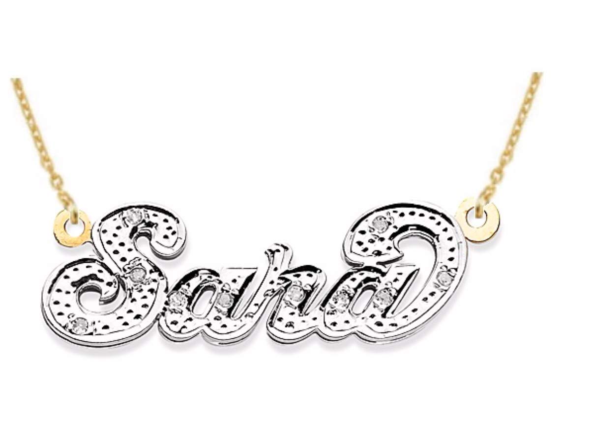 Rylos Personalized 925 Sterling Silver & Gold Plated Nameplate Necklace for Women & Men - 0.10 Carat Diamond Engraved Custom Jewelry - Perfect for Anniversaries, Birthdays & Special Gifts
