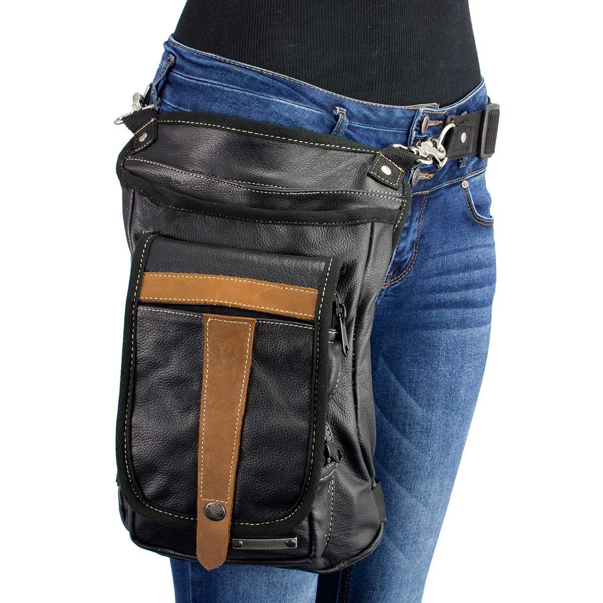 Milwaukee Leather MP8897 Conceal Carry Thigh Holster Bag - Black & Tan Leather with Adjustable Waist Belt for Pistol & Essentials | Perfect for Hiking, Travel & Tactical Use