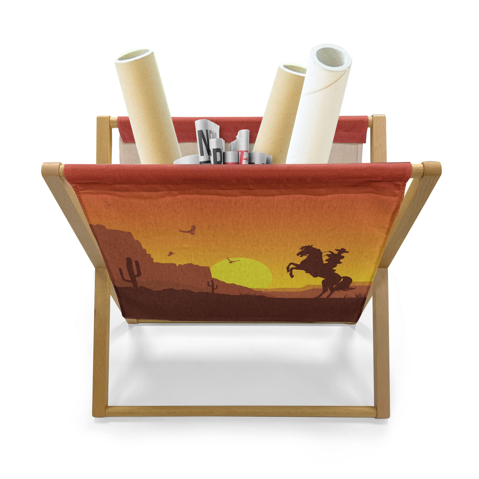 Lunarable Western Magazine & Book Holder - Wild West Desert Cowboy on Horse Sunset Cactus Design - 22x19 Inch Floor Rack Organizer for Office, Home & School - Orange Yellow Brown - Perfect for Western Decor, Reading Nooks & Cowboy-Themed Rooms