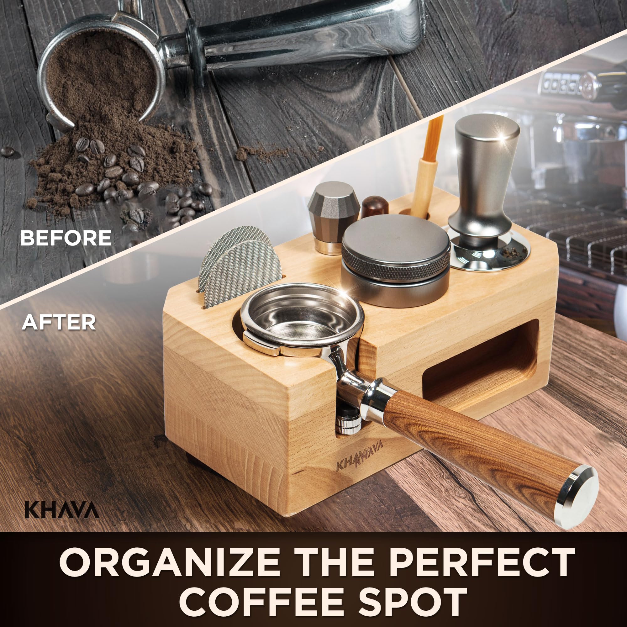 KHAVA Wooden Espresso Tamping Station 58mm - Coffee Bar Organizer for Countertop & Portafilter Holder