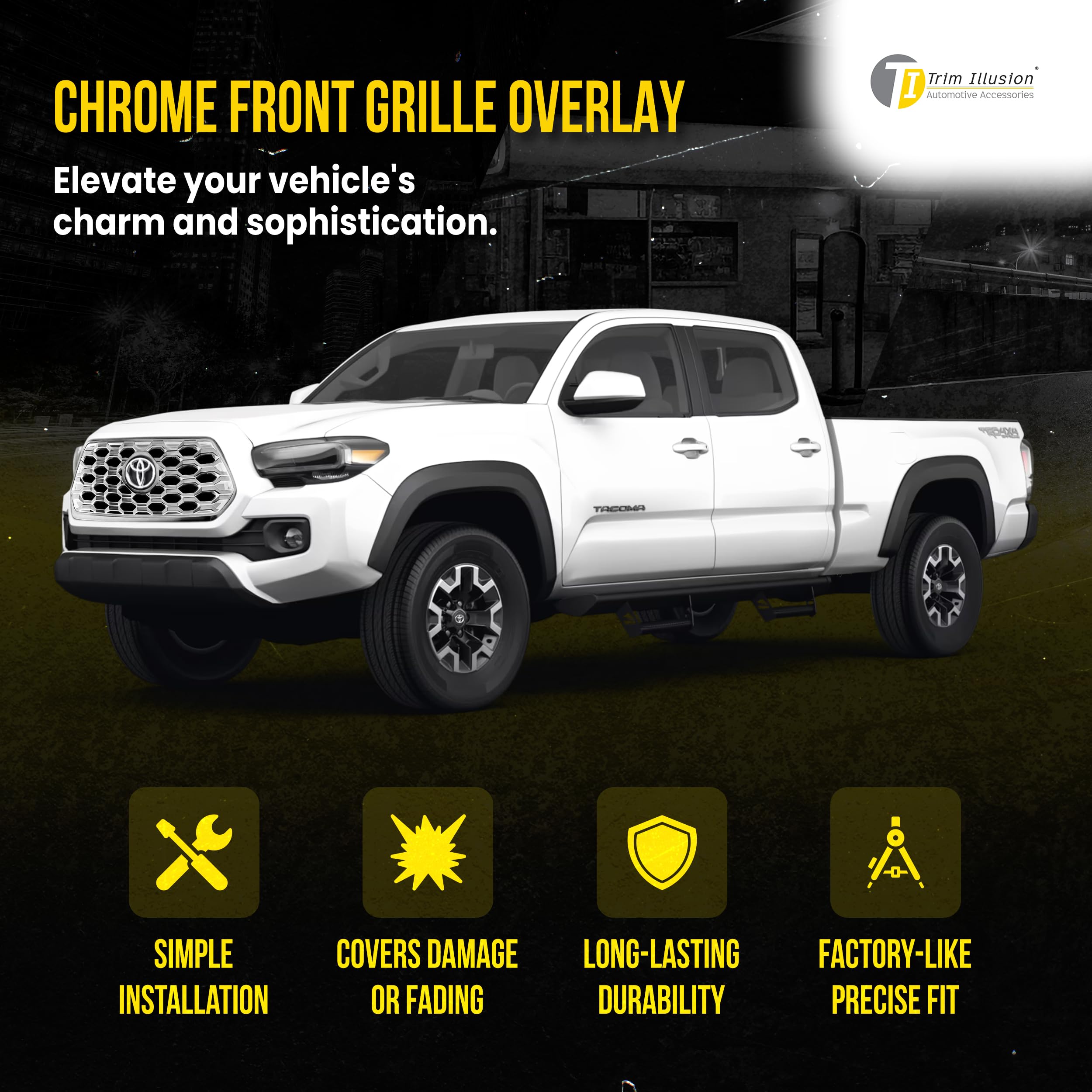 2020-2023 Toyota Tacoma TRD Sport/Off-Road Chrome Front Grille Overlay with Heavy-Duty 3M Adhesive Tape | Easy No-Tools Installation | US Patented Auto Accessory | Perfect for Off-Roading & Truck Customization
