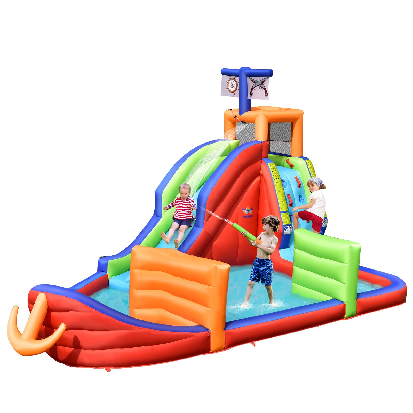 BOUNTECH Inflatable Water Slide - Pirate Ship Backyard Water Park for Kids & Adults with Splash Pool, Obstacle Course - Perfect for Birthday Parties, Summer Fun, Outdoor Family Gatherings