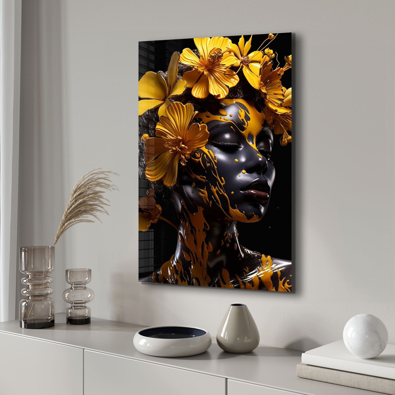 Yellow Floral Woman Tempered Glass Wall Art - Elegant Home Decor for Living Room, Bedroom & Office