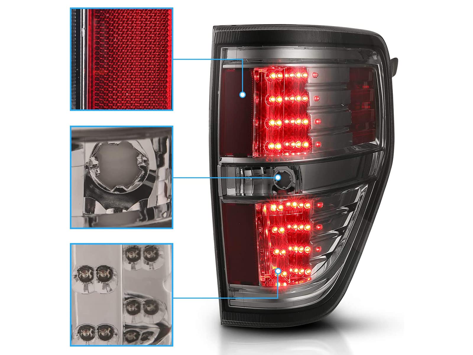 AmeriLite LED Smoke Brake Tail Lights Replacement Set for 2009-2014 Ford F-150 - Left & Right Side - Enhanced Visibility & Style for Night Driving & Off-Road Adventures