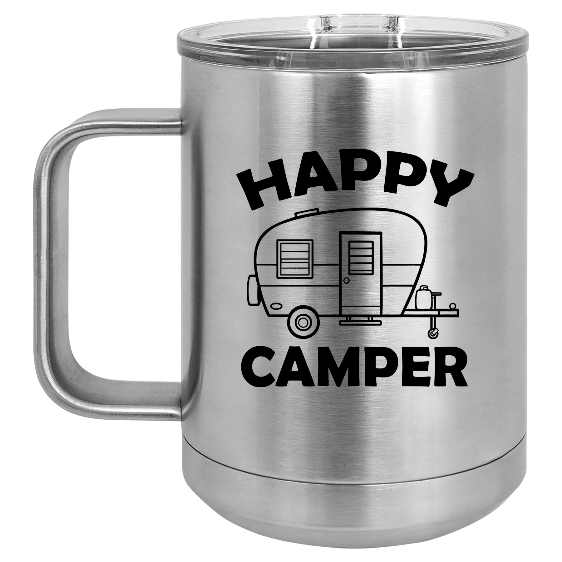 15 oz Vacuum Insulated Stainless Steel Tumbler with Handle & Lid - Happy Camper Design (Silver) | Leakproof Travel Coffee Mug for Camping, Office & Outdoor Adventures