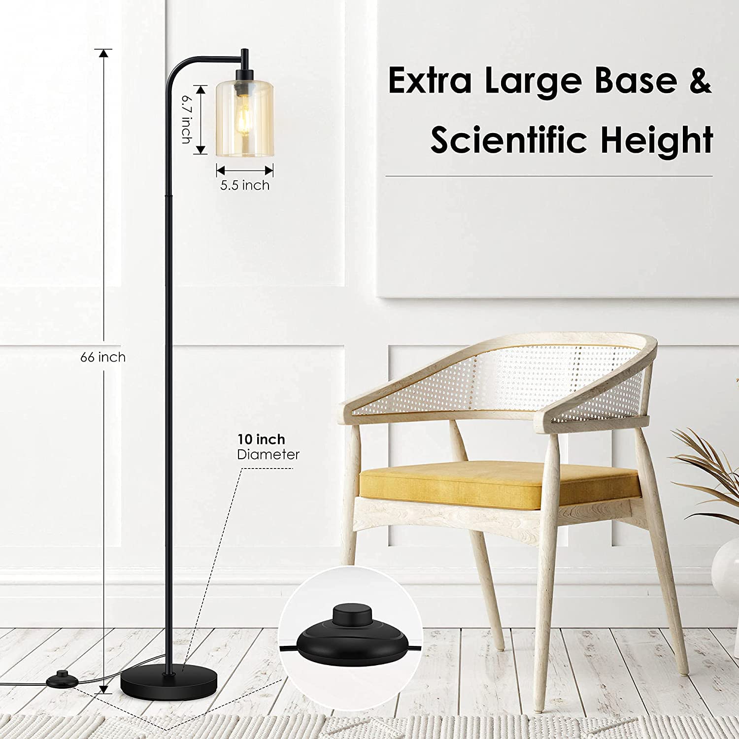Modern Industrial Floor Lamp with Gold Glass Shade - 6W LED Bulb Included, Adjustable Standing Lamp with Foot Switch - Bright Lighting for Living Room, Bedroom & Office - Perfect for Reading, Working & Relaxing