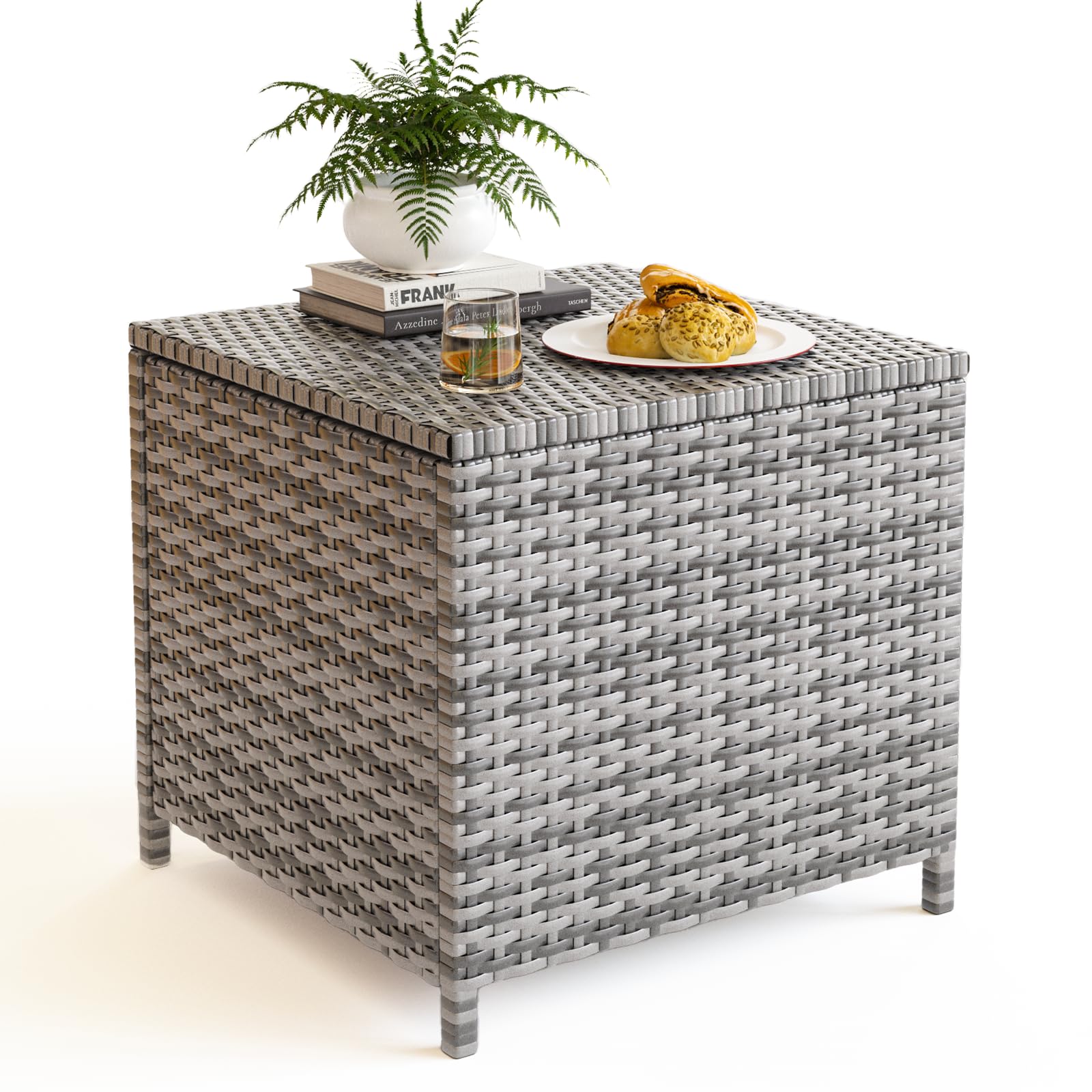 UDPATIO Outdoor Wicker Side Table with Storage - Rattan End Table, Small Resin Square Coffee Table for Patio, Backyard, Pool - Perfect for Storing Furniture Covers, Toys & Gardening Tools (Grey) - Ideal for Outdoor Relaxation, Entertaining & Poolside Use