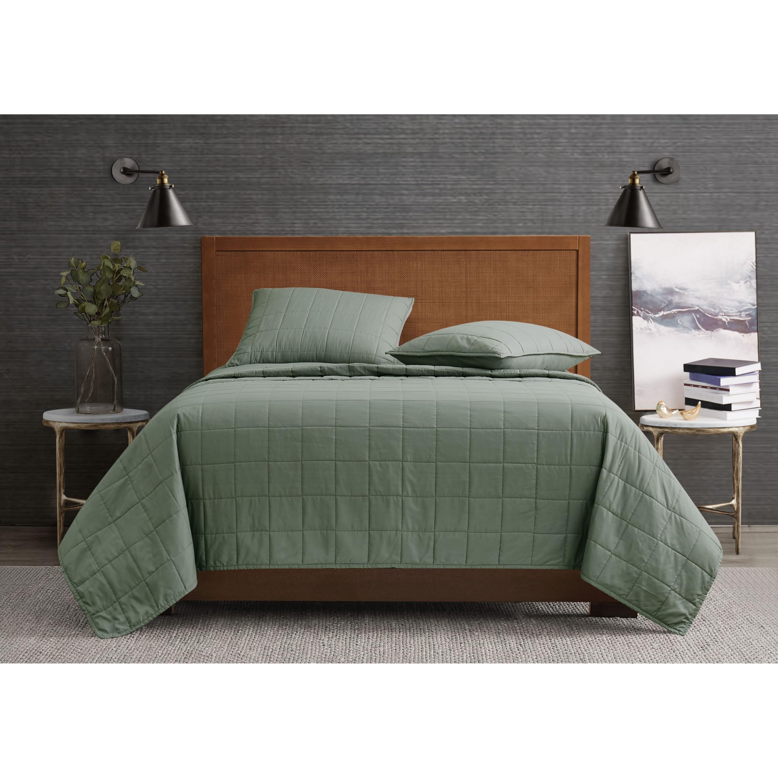 London Fog Green Microfiber 3-Piece King Quilt Set - Garment Washed Solid Design, Oeko-TEX Certified for Adults & Teens | Cozy Bedroom Upgrade for Winter Nights