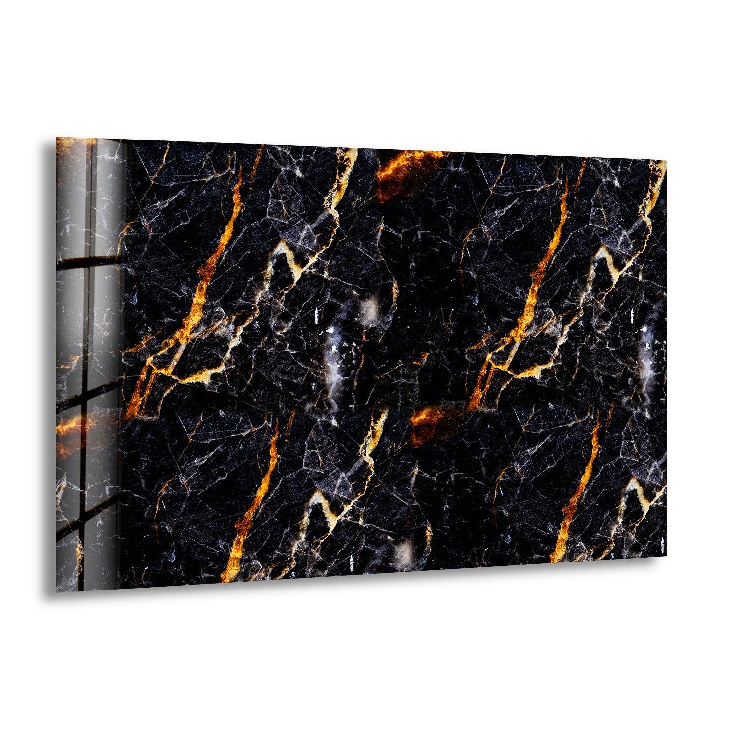 Black & Orange Marble Abstract Glass Wall Art - Modern Home Decor for Living Room, Bedroom & Office - Unique Handmade Glass Painting for Contemporary Interior Design