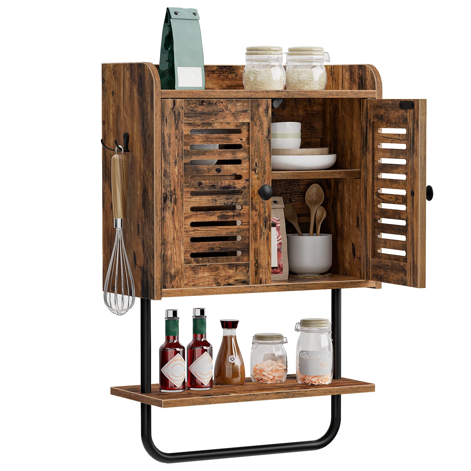 HOOBRO Rustic Brown Double Door Medicine Cabinet with Towel Bar - Adjustable Shelf & 2 Hooks - Over The Toilet Storage Organizer for Bathroom, Bedroom, Kitchen - Perfect for Small Space Organization & Bathroom Essentials Storage