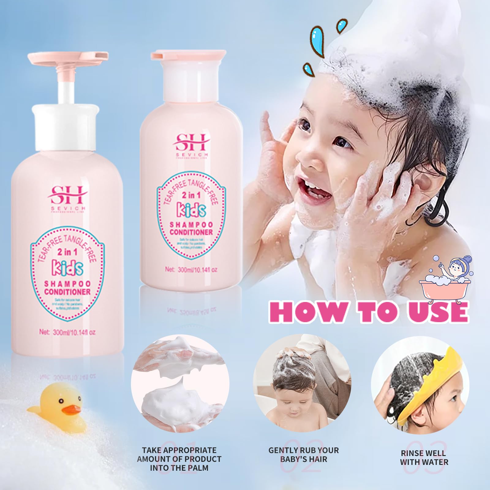 SEVICH Kids 2-in-1 Shampoo & Conditioner - Tear-Free, Hypoallergenic & Sulfate-Free Formula for Gentle Cleansing & Moisturizing - Hydrating for Sensitive Scalp - 10.14 fl oz (300ml) - Perfect for Daily Bath Time & Sensitive Skin Care