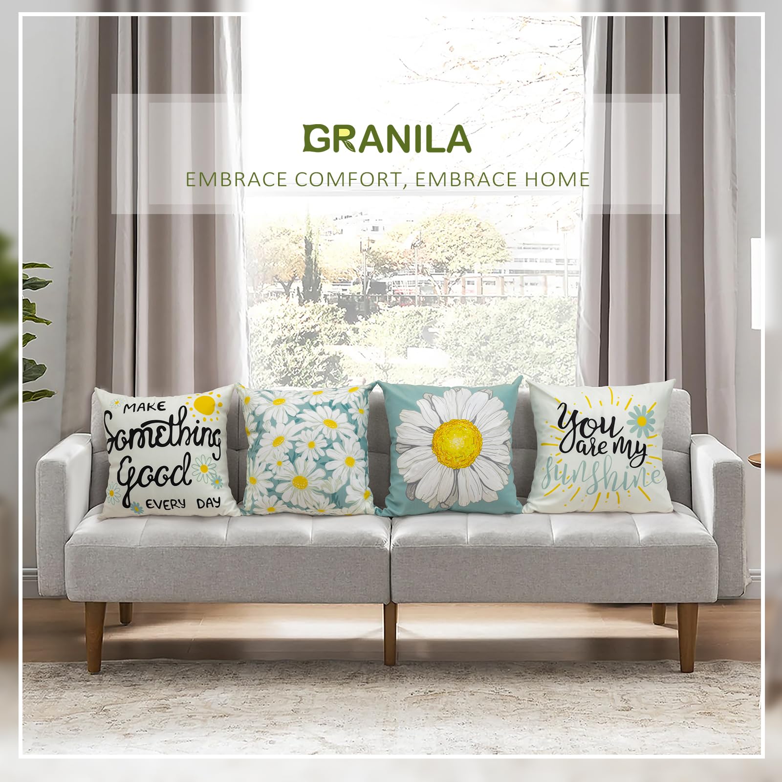 Farmhouse Decorative Throw Pillow Covers 18x18 Inch - Ultra Soft Pillow Cases Set of 4 for Sofa, Couch & Living Room - Blue and Beige Bohemian Style Accent Pillows - Perfect for Home Decor, Patio Furniture & Cozy Bedroom Styling