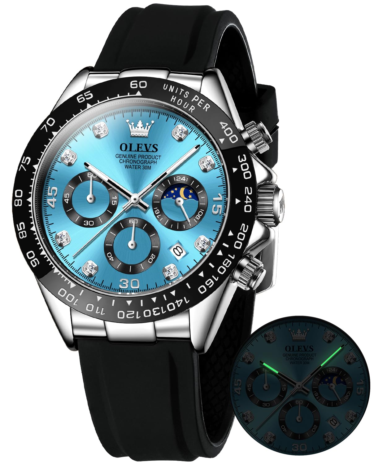 OLEVS Men's Luxury Sports Watch - Silicone Band, Chronograph, Moon Phase, Diamond Accents, Waterproof & Luminous - Analog Quartz Wristwatch for Men | Perfect for Outdoor Activities, Business Meetings & Formal Events