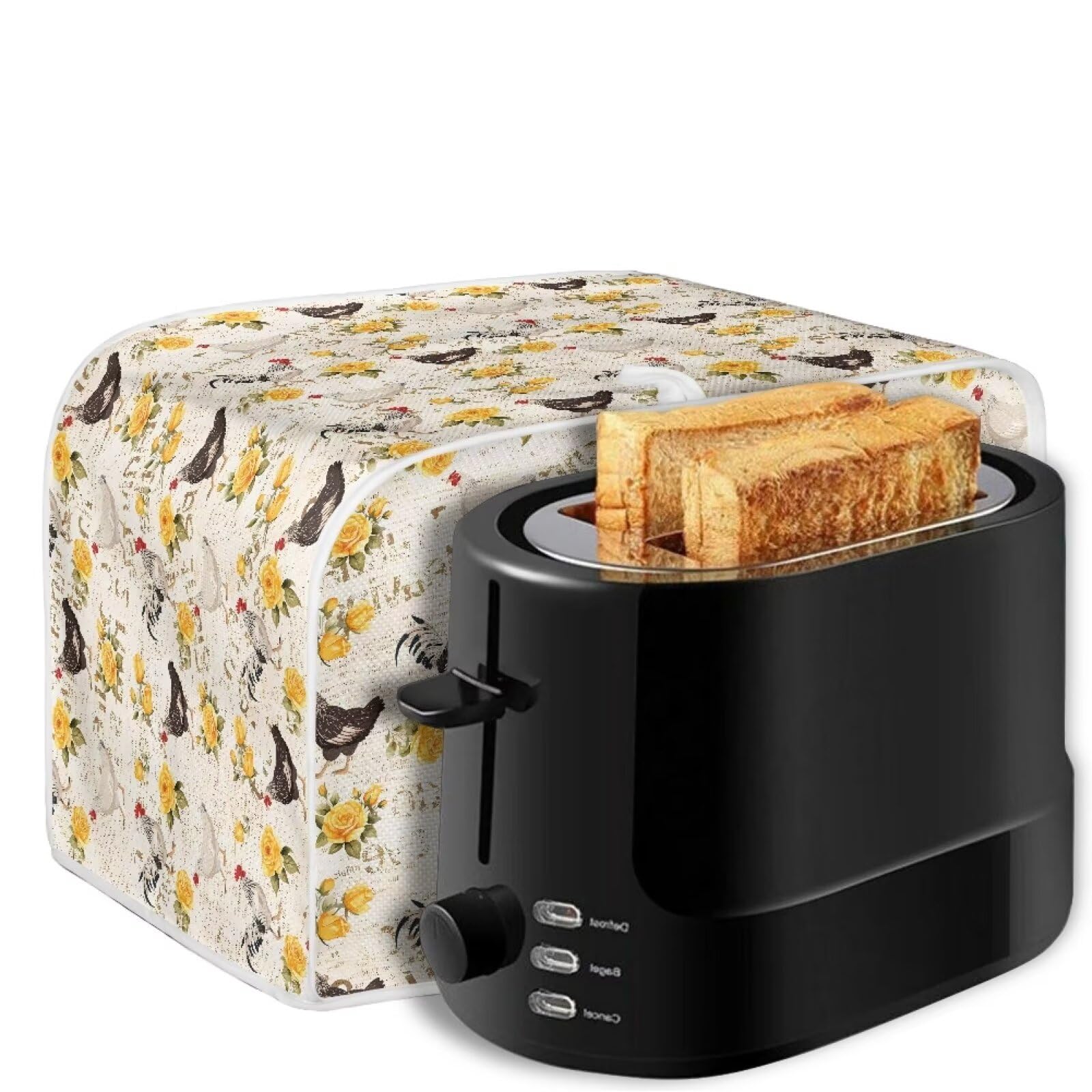 Rooster Chicken Rose Print 2-Slice Toaster Cover - Dust Protection Washable Kitchen Appliance Cover with Handle - Perfect for Bread Makers, Toaster Ovens & Kitchen Accessories - Ideal for Home, Office & Cafe Use