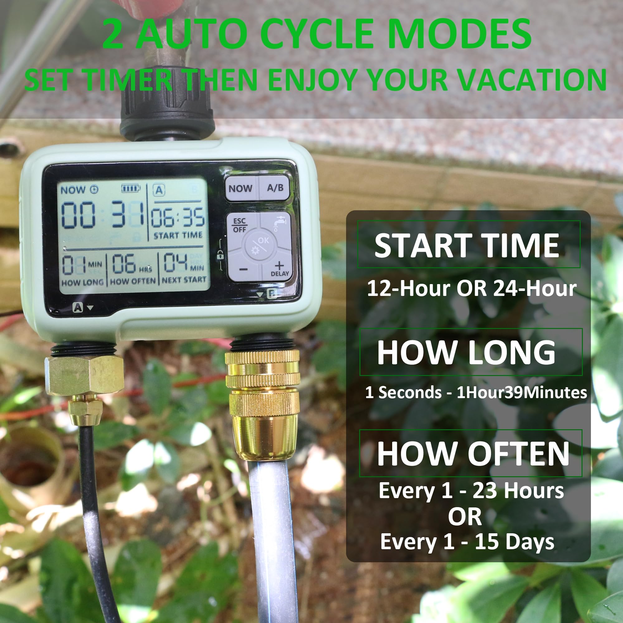STYDDI Programmable 2-Zone Garden Hose Timer with Rain Delay - Automatic Watering System for Lawn & Yard | Digital Irrigation Controller with Manual/Auto Modes | Perfect for Outdoor Plants, Flowers & Vegetable Gardens