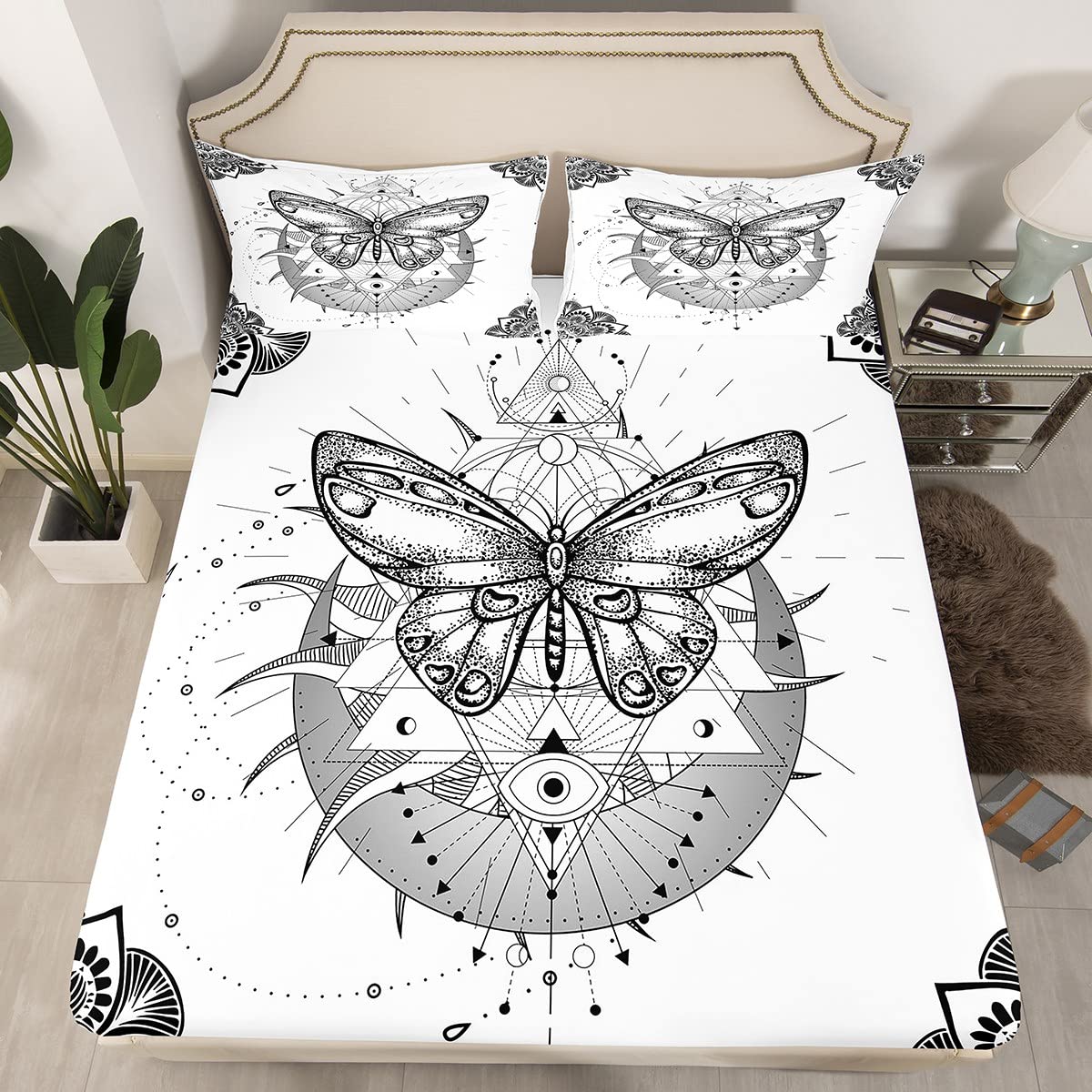 White Butterfly Queen Size Bed Sheets Set - 4 Piece Bohemian Mandala Sun & Moon Design, Soft Breathable Cotton Bedding with Fitted Sheet, Flat Sheet & Pillowcases - Perfect for Boho Hippie Bedroom Decor & Celestial Theme Rooms