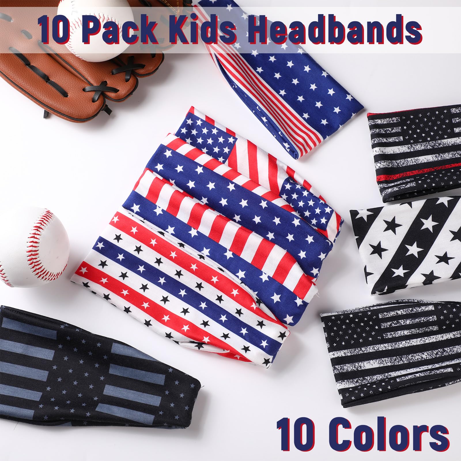 10-Pack Boys Athletic Sweatbands - 16 Inch Elastic Moisture-Wicking Headbands for Sports, Soft Breathable Head Wraps for Kids & Teens (Flag Design) - Perfect for Basketball, Soccer, Running & Outdoor Activities