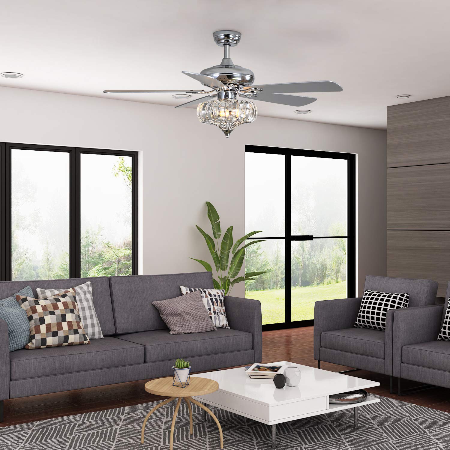 52 Inch Crystal Ceiling Fan with Remote Control - Reversible Silver Blades, Modern Chandelier Design for Living Room, Bedroom & Kitchen | Perfect for Home Cooling and Stylish Décor