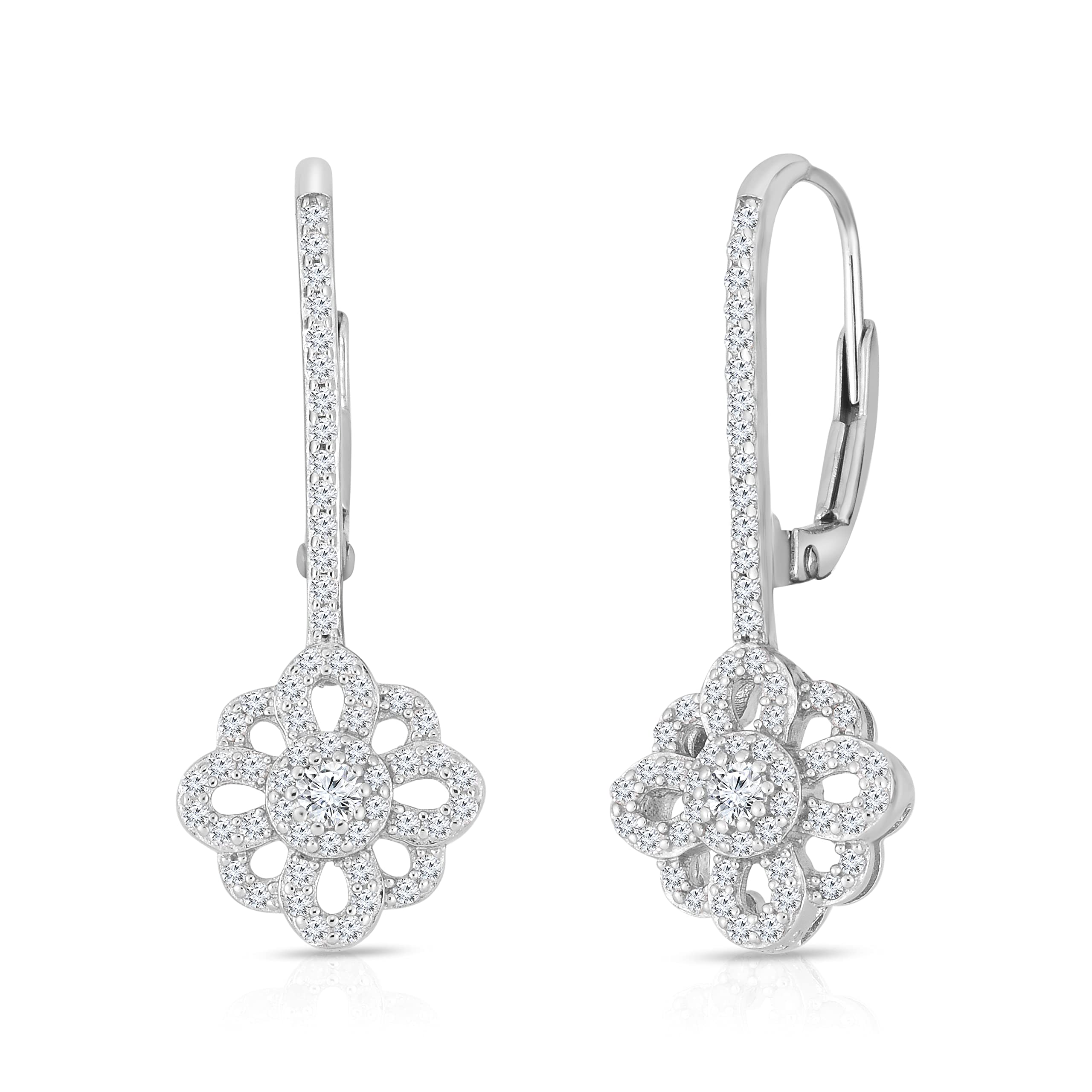 Natalia Drake Floral Medallion Drop Leverback 1/2 Cttw Diamond Earrings for Women - Rhodium Plated 925 Sterling Silver Jewelry - Perfect for Weddings, Parties & Special Occasions