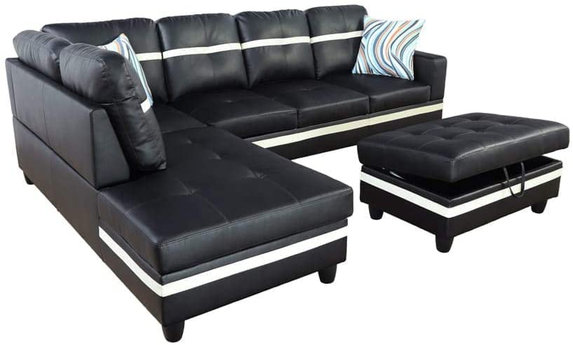 Ponliving 3-Piece L-Shaped Sectional Sofa Set with Chaise, Storage Ottoman & Throw Pillows - Modern Left-Facing Couch in Black & White | Perfect for Living Rooms, Apartments & Small Spaces